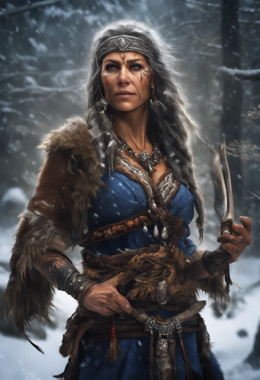 (best quality,4k,8k,highres,masterpiece:1.2),ultra-detailed,(realistic,photorealistic,photo-realistic:1.37),white haired scraggly tattooed female viking shaman,has blue glowing tattoos,illustration,ancient,fierce expression,weathered face,blue war paint,body covered in intricate tattoos,sharp facial features,muscular build,wielding a magical staff,glowing runes,standing in a snowy landscape,snow falling gently from the sky,blizzard in the distance,fur cloak flowing in the wind,determined posture,ice crystals forming on her bare chest,vibrant colors,powerful aura,mythical creatures in the background,capturing a moment of her summoning the forces of nature,exuding strength and wisdom.