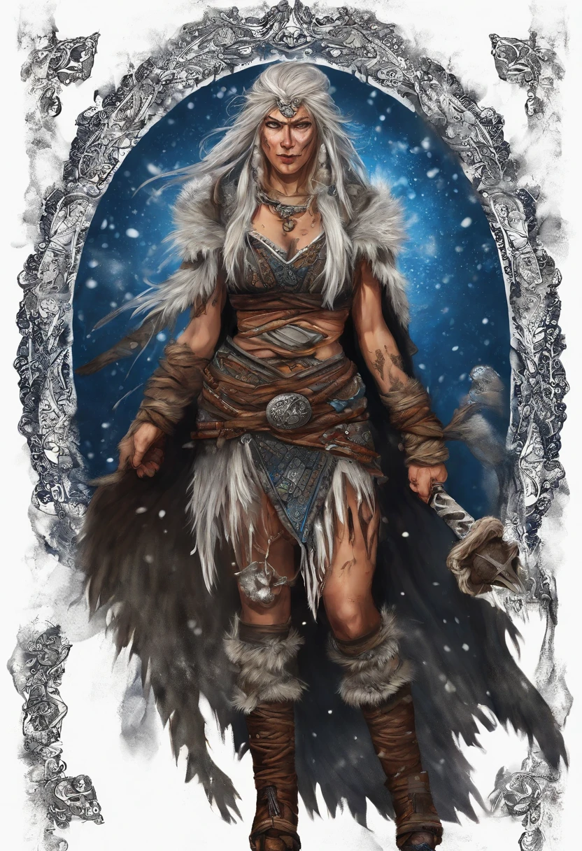 (best quality,4k,8k,highres,masterpiece:1.2),ultra-detailed,(realistic,photorealistic,photo-realistic:1.37),white haired scraggly tattooed female viking shaman,has blue glowing tattoos,illustration,ancient,fierce expression,weathered face,blue war paint,body covered in intricate tattoos,sharp facial features,muscular build,wielding a magical staff,glowing runes,standing in a snowy landscape,snow falling gently from the sky,blizzard in the distance,fur cloak flowing in the wind,determined posture,ice crystals forming on her bare chest,vibrant colors,powerful aura,mythical creatures in the background,capturing a moment of her summoning the forces of nature,exuding strength and wisdom.