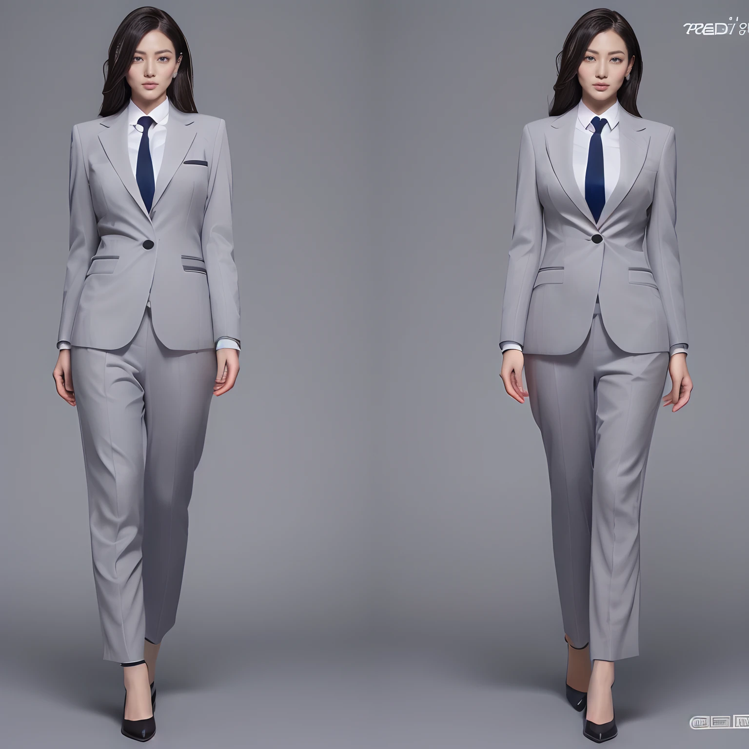 (Presidential Secretary:1.5)、(Gray formal suit:1.4)、(Single body full body diagram:1.3)、Beautuful Women、masterpiece、8K、Beautiful、