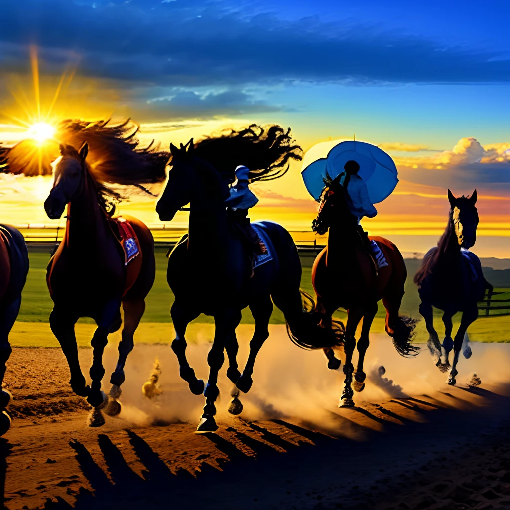 The sun shines on the earth、Four horses galloping