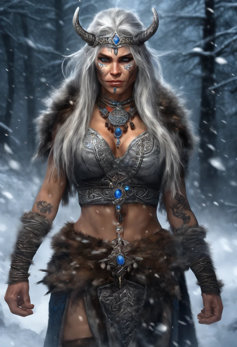 (best quality,4k,8k,highres,masterpiece:1.2),ultra-detailed,(realistic,photorealistic,photo-realistic:1.37),white haired scraggly tattooed female viking shaman,has blue glowing tattoos,illustration,ancient,fierce expression,weathered face,blue war paint,body covered in intricate tattoos,sharp facial features,muscular build,wielding a magical staff,glowing runes,standing in a snowy landscape,snow falling gently from the sky,blizzard in the distance,fur cloak flowing in the wind,determined posture,ice crystals forming on her bare chest,vibrant colors,powerful aura,mythical creatures in the background,capturing a moment of her summoning the forces of nature,exuding strength and wisdom.