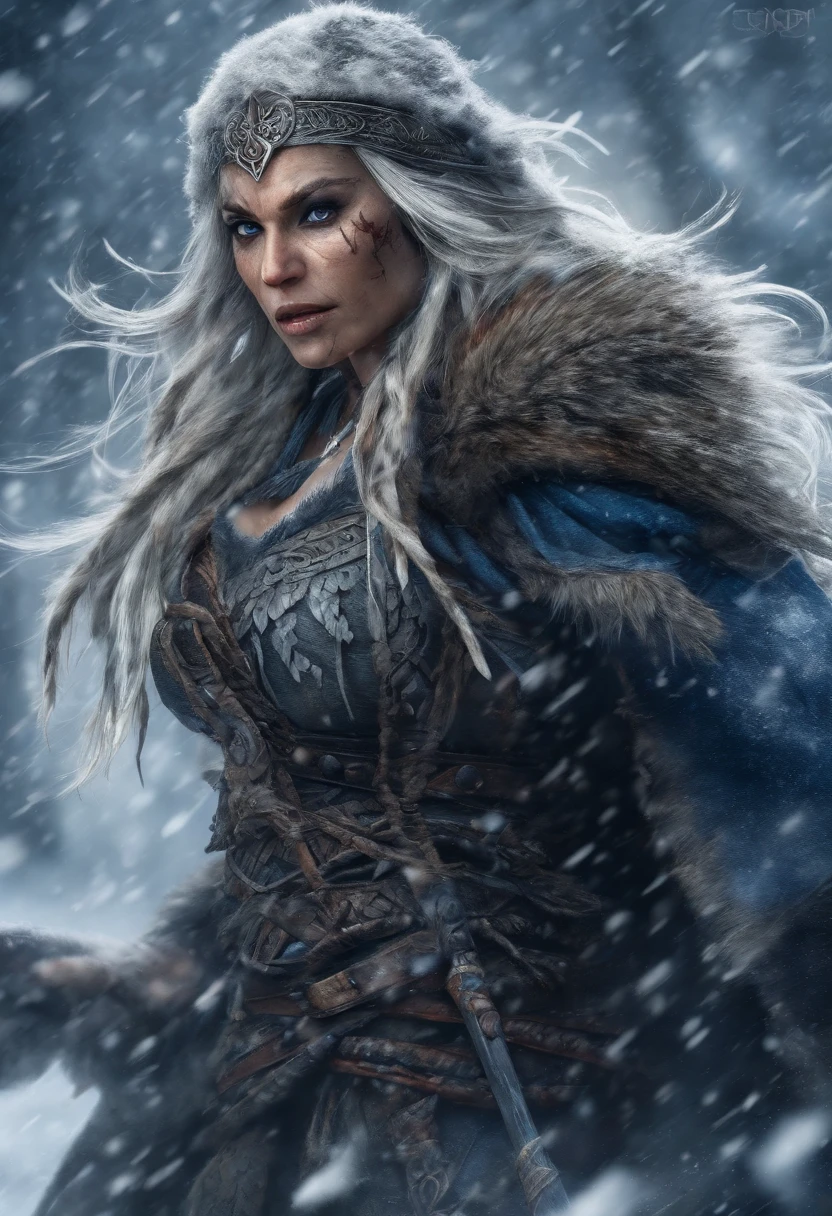 (best quality,4k,8k,highres,masterpiece:1.2),ultra-detailed,(realistic,photorealistic,photo-realistic:1.37),white haired scraggly tattooed female viking shaman,has blue glowing tattoos,illustration,ancient,fierce expression,weathered face,blue war paint,body covered in intricate tattoos,sharp facial features,muscular build,wielding a magical staff,glowing runes,standing in a snowy landscape,snow falling gently from the sky,blizzard in the distance,fur cloak flowing in the wind,determined posture,ice crystals forming on her bare chest,vibrant colors,powerful aura,mythical creatures in the background,capturing a moment of her summoning the forces of nature,exuding strength and wisdom.