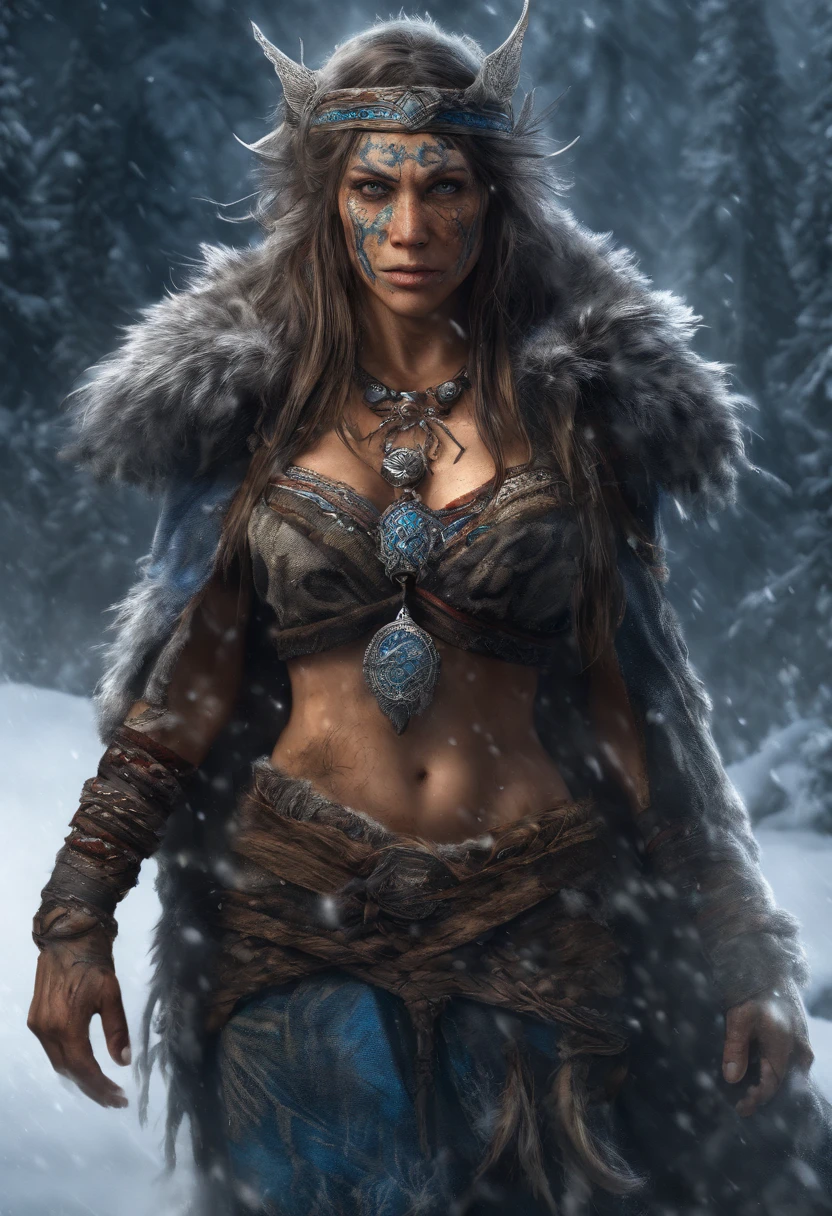 (best quality,4k,8k,highres,masterpiece:1.2),ultra-detailed,(realistic,photorealistic,photo-realistic:1.37),white haired scraggly tattooed female viking shaman,has blue glowing tattoos,illustration,ancient,fierce expression,weathered face,blue war paint,body covered in intricate tattoos,sharp facial features,muscular build,wielding a magical staff,glowing runes,standing in a snowy landscape,snow falling gently from the sky,blizzard in the distance,fur cloak flowing in the wind,determined posture,ice crystals forming on her bare chest,vibrant colors,powerful aura,mythical creatures in the background,capturing a moment of her summoning the forces of nature,exuding strength and wisdom.