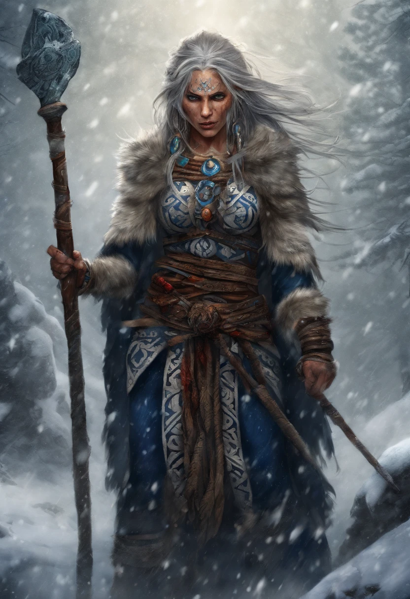 (best quality,4k,8k,highres,masterpiece:1.2),ultra-detailed,(realistic,photorealistic,photo-realistic:1.37),white haired scraggly tattooed female viking shaman,has blue glowing tattoos,illustration,ancient,fierce expression,weathered face,blue war paint,body covered in intricate tattoos,sharp facial features,muscular build,wielding a magical staff,glowing runes,standing in a snowy landscape,snow falling gently from the sky,blizzard in the distance,fur cloak flowing in the wind,determined posture,ice crystals forming on her bare chest,vibrant colors,powerful aura,mythical creatures in the background,capturing a moment of her summoning the forces of nature,exuding strength and wisdom.