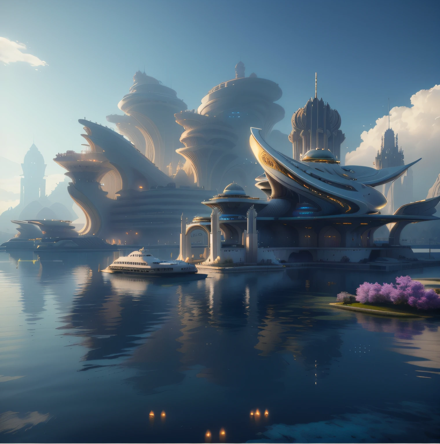 There is a large building，There is a boat in the water, futuristic palace, huge futuristic temple city, 3d rendered matte painting, 3 d render and matte painting, solarpunk futuristic utopia, in fantasy sci - fi city, futuristic utopian city, inspired by Mike Winkelmann, futuristic persian palace, concept art 8 k resolution, otherwordly futuristic city