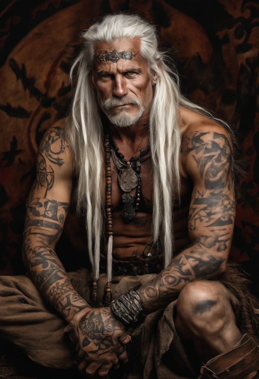 white haired scraggly shirtless tattooed androgynous viking shaman, has facial tattoos