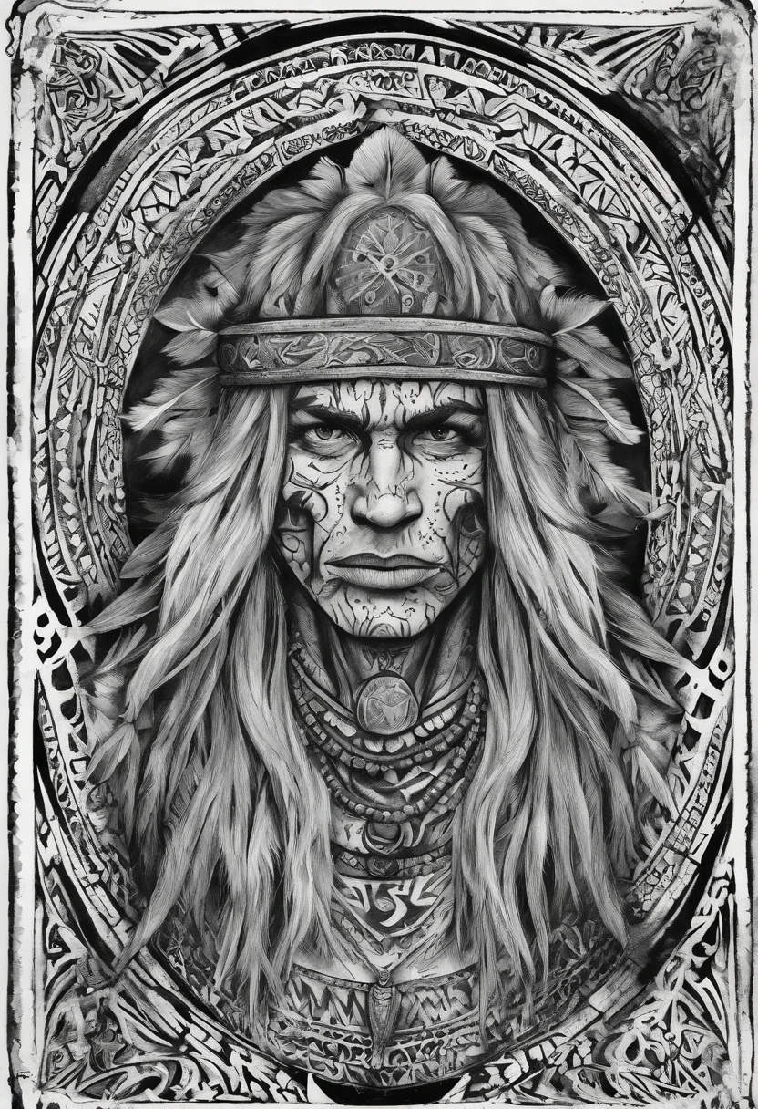 white haired scraggly shirtless tattooed androgynous viking shaman, has facial tattoos
