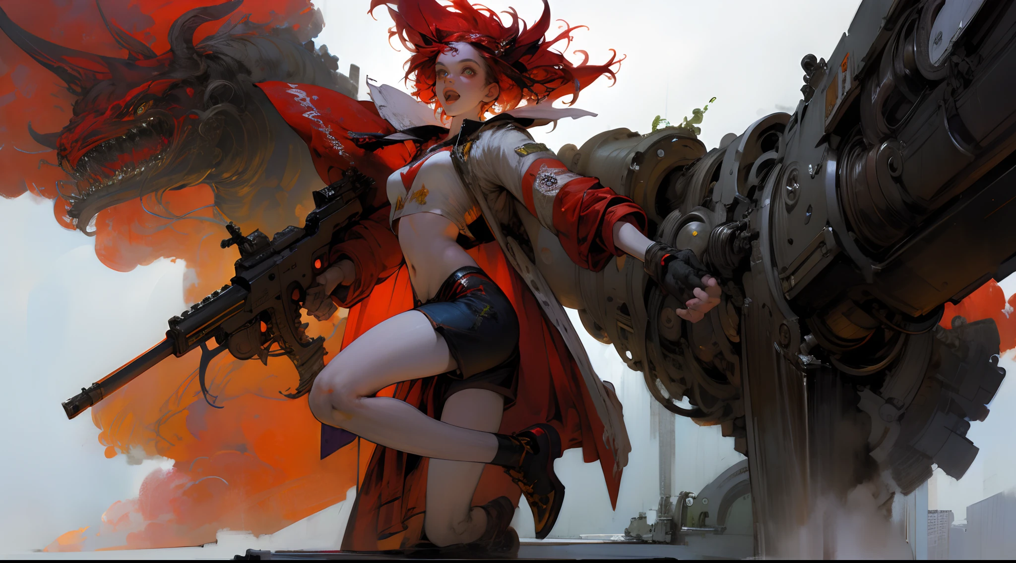 Full body shot, Female asian Irina Seito with red hair and double tail green eyes, In a cyberpunk city, wearing a bomber jacket、Crop top and denim shorts, Fight with a metal-chrome-looking humanoid robot robot, With a large machine gun, Equipped with a long laser rifle, Shoot laser rifles, Shoot lasers into the sky, Missile strikes, rocket launch, Rapid fire, blasts, hand to hand combat, Fighting, Roundhouse kick, jump kick, guns blazing, Punch face, Open mouth, Screaming, Frontal shot, Side shot, rear shot, Back shot, Behind the lens, Masterpiece, Highly detailed