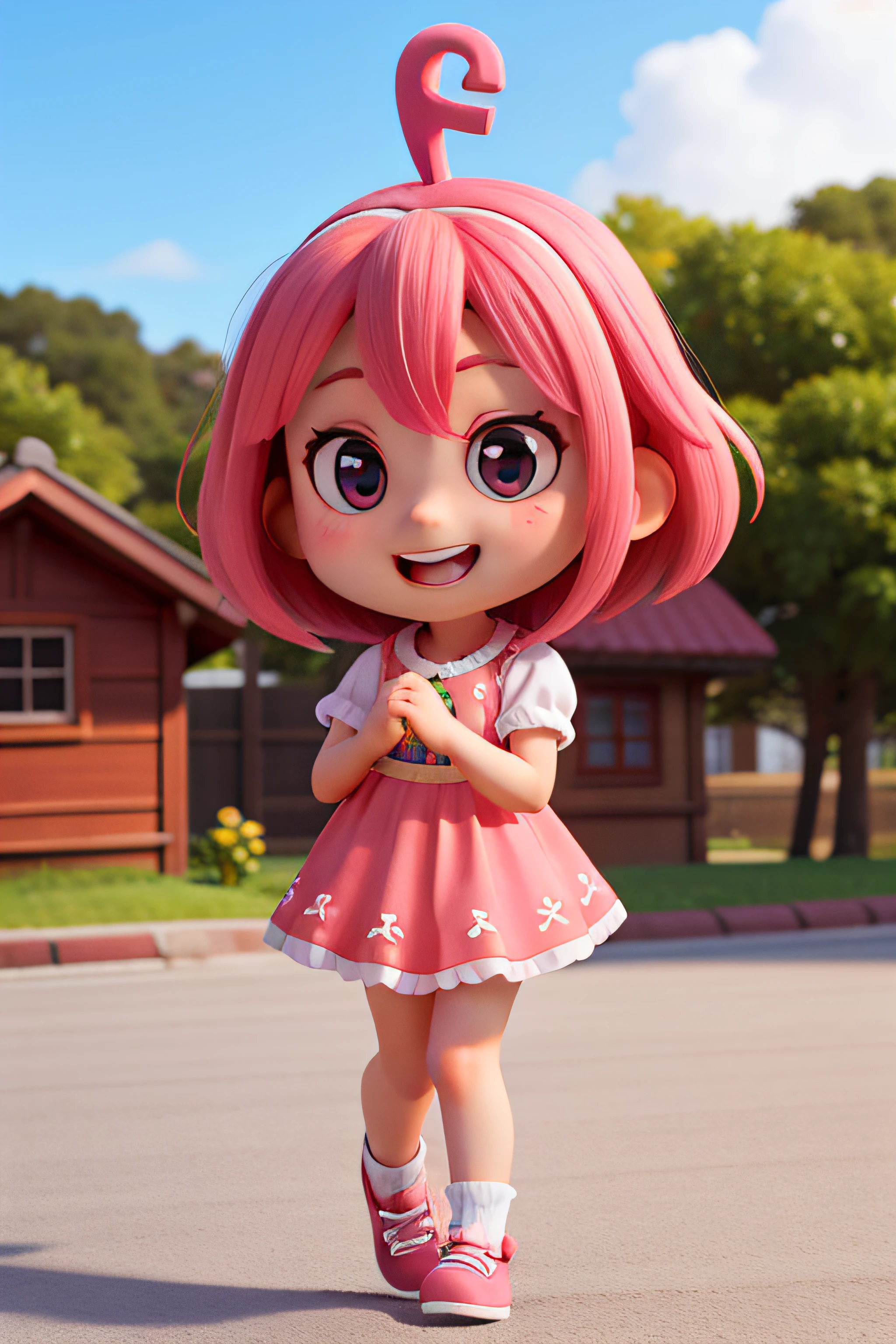 ??? girl sakura, cartoon, 5 anos aproximadamente, garota pequena, estilo chibi, Olhos grandes, sorriso fofo, cabelo rosa, estilizada, cores vivas, imagem corpo todo, she's in doubt, reflexiva, ao fazer perguntas, triste, reflexiva, confusa.