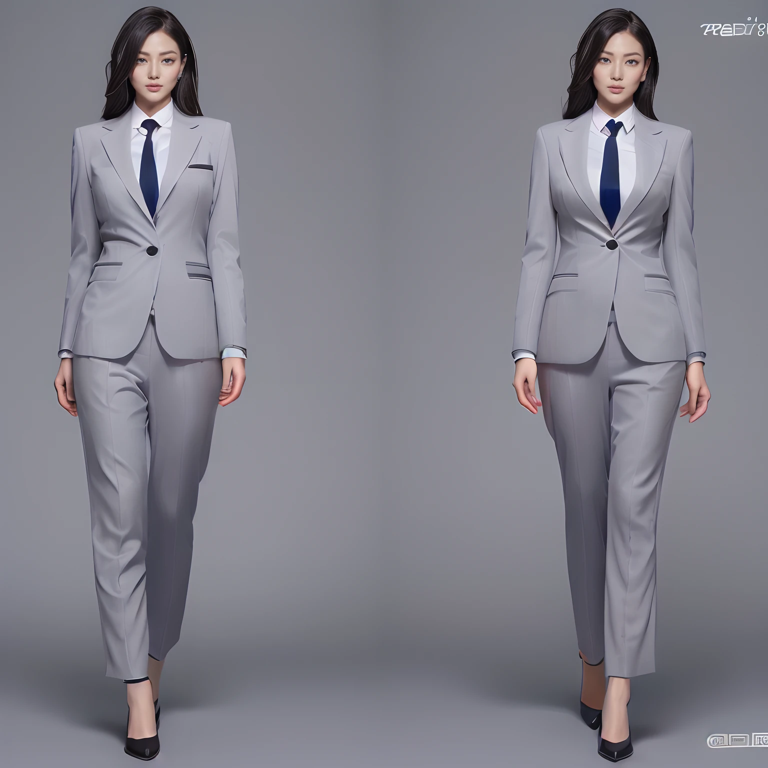 (Presidential Secretary:1.5)、(Gray formal suit:1.4)、(Single body full body diagram:1.3)、Beautuful Women、Beautiful、((top-quality、8K、masterpiece:1.3))、