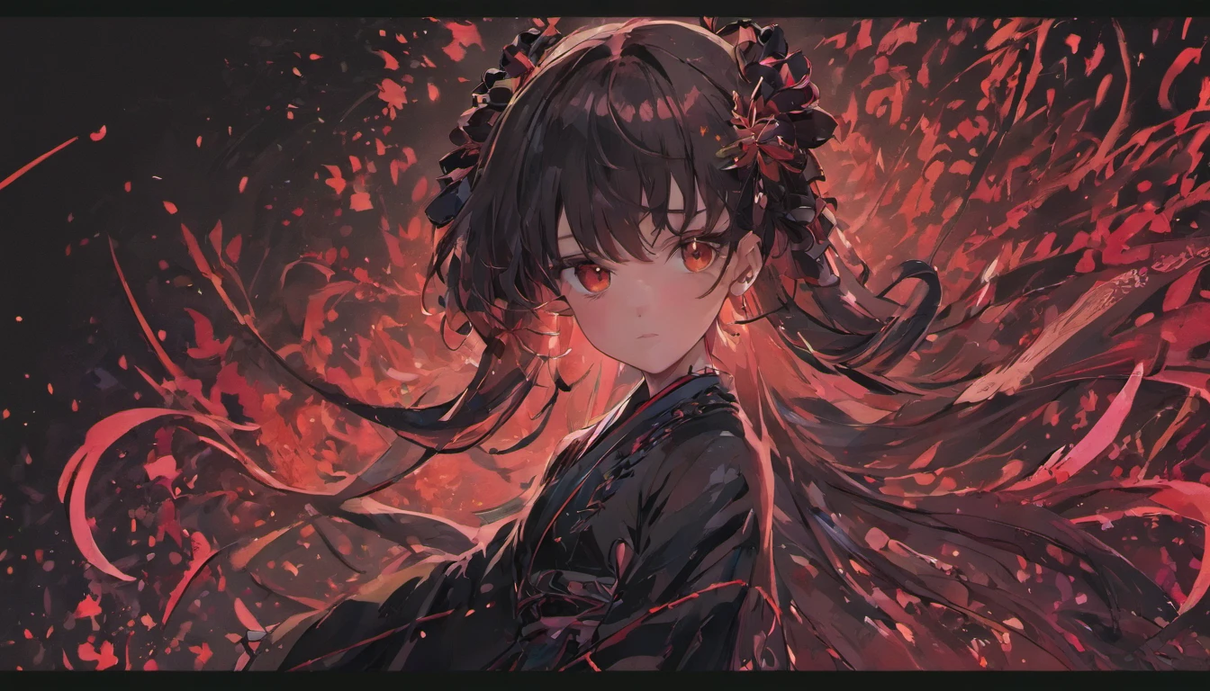 (Black background:1.4),, Red eyes, , Oriental elements, In the dark,amaryllis),teens girl,On the side of the wallpaper,Rule of quarters,(Chinese illustration:1.3,paper art:1.3, Quilted paper art:1.2),( reasonable design, Clear lines, High sharpness,Best quality, Very detailed, Masterpiece, movie light effect, 4K )