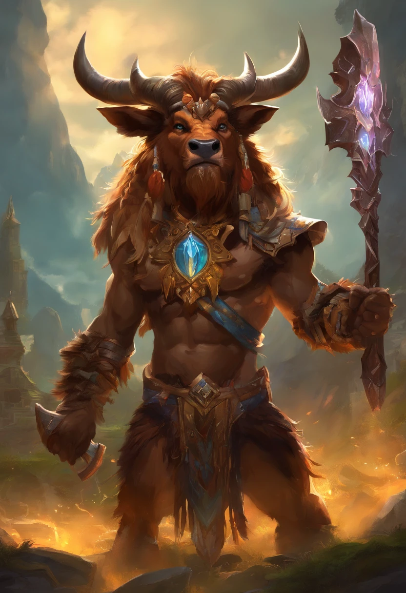 Struck by lightning(tauren:1.5)，One with an ax（Minotaur monster：1.8），Standing cow with an axe，Painful expression，(Raise your head to the sky and roar:1.8)，funk，shudder，Gothic，baroque，（The arc was released from the female mage's hand），The current spreads around，Medieval landscape，Fantastical，4K，best qualtiy，primitive，（(Ultra-detailed and high-precision details))，Power Hero & Magic 3，Fantastical，The background is the canyon plain，The scene is impressive