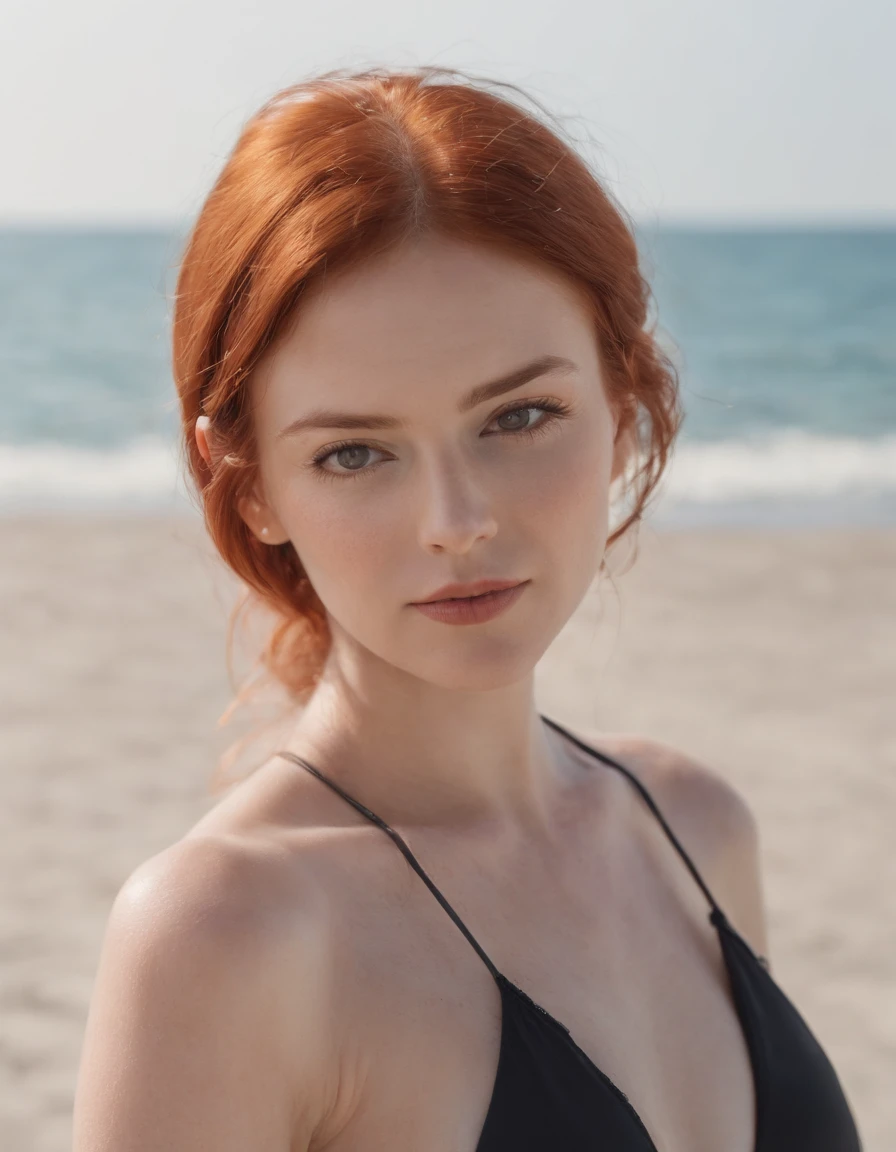 redhead, big breasts, wearing a swimsuit, kissing the cam, winking the left eye, full body image