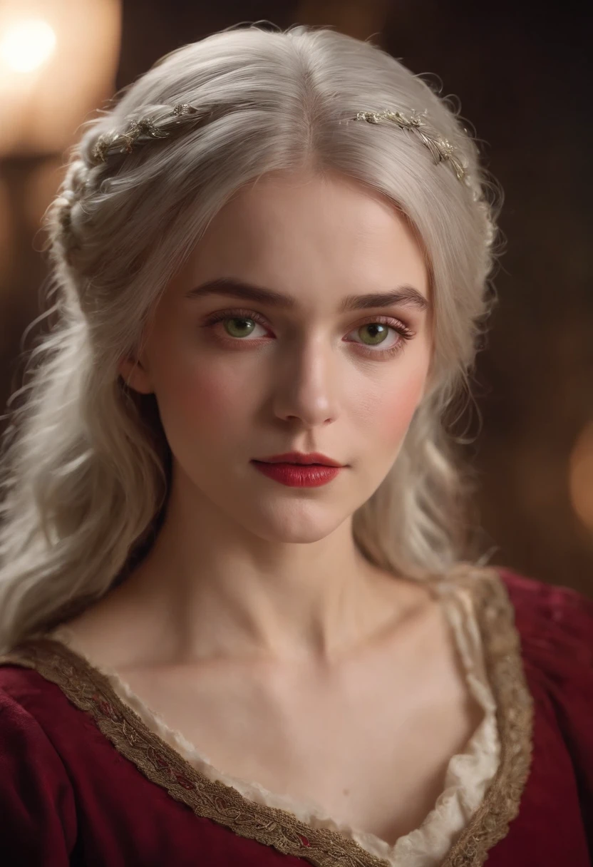 (((A deep red wound streaked across her left cheek))) Fair complexion, A woman around 19 years old, Natural gray hair, Unique green eyes, Wear Cole, Slender and graceful, Beautiful, Candlelight in a medieval setting, super sharp focus, realistic lens, Medieval women's clothing, Four colors (Scar:1.4)