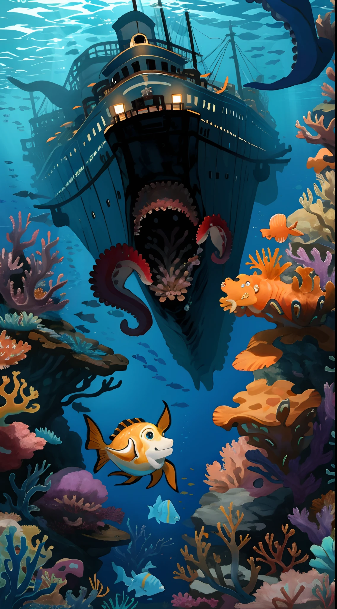 highres, top quality, best quality, paid reward available, High-quality illustrations, unparalleled masterpiece, perfect artwork, absurdres, The Titanic sinking to the bottom of the ocean, Octopus monster attacking a sunken ship, the reef, Rocky reefs, School of small fish, dynamic lighting, cinematic shadow,
