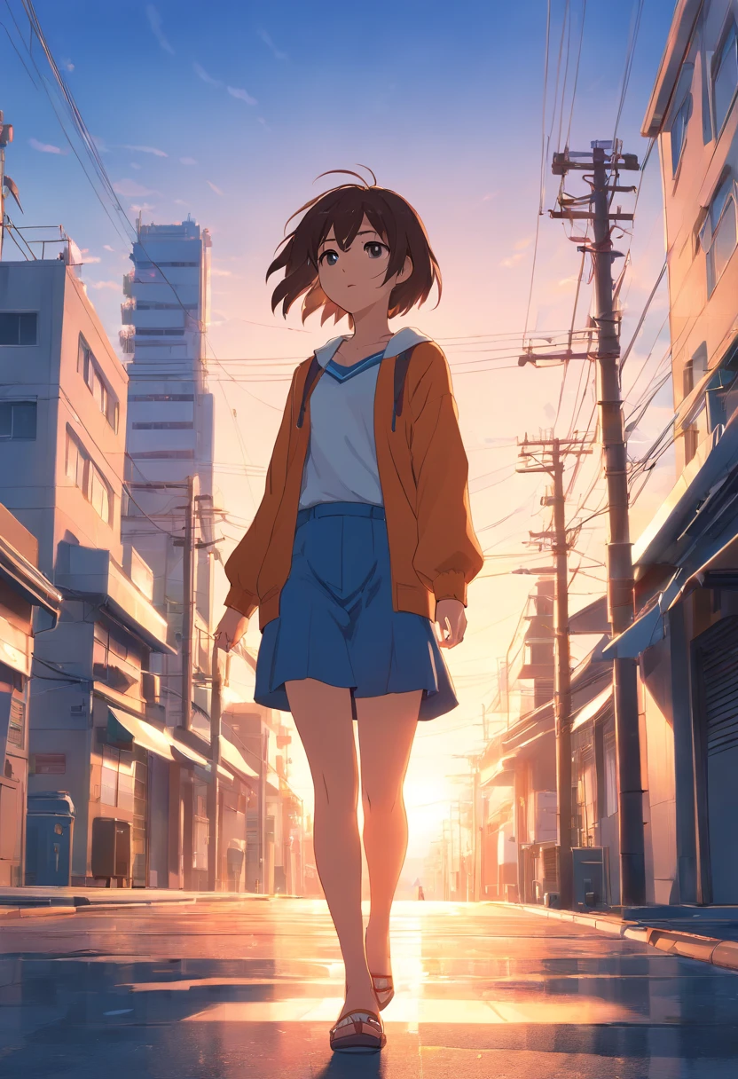 1girl, 8k, ultra realista, cabelos longos loiros, sorrindo, clear sky, sol, cidade, andando sobre a rua