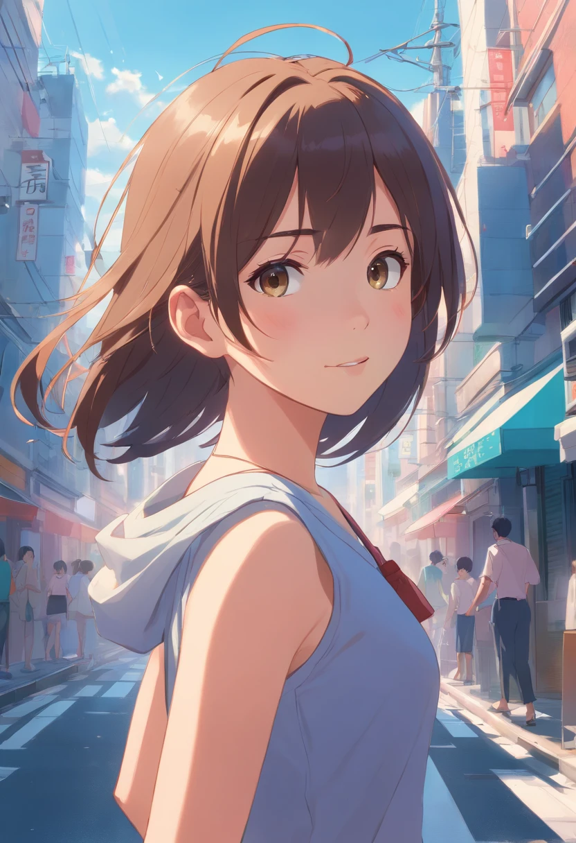 1girl, 8k, ultra realista, cabelos longos loiros, sorrindo, clear sky, sol, cidade, andando sobre a rua