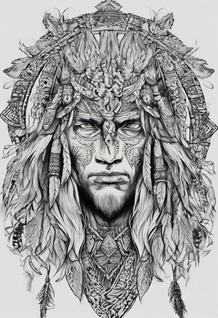 white haired scraggly shirtless tattooed androgynous viking shaman, has facial tattoos, has glowing rune tattoos