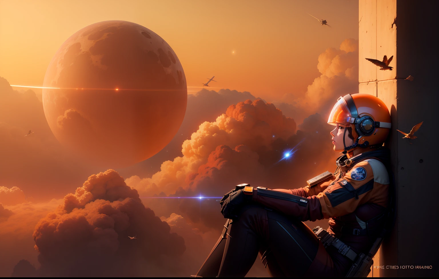 Sci-fi Woman weightless in her thoughts, planets, orange-peach colored clouds, fireflys, birds in the distance, photorealistic, hyperrealism, 64k resolution, maroon colored space suite with helmet off,