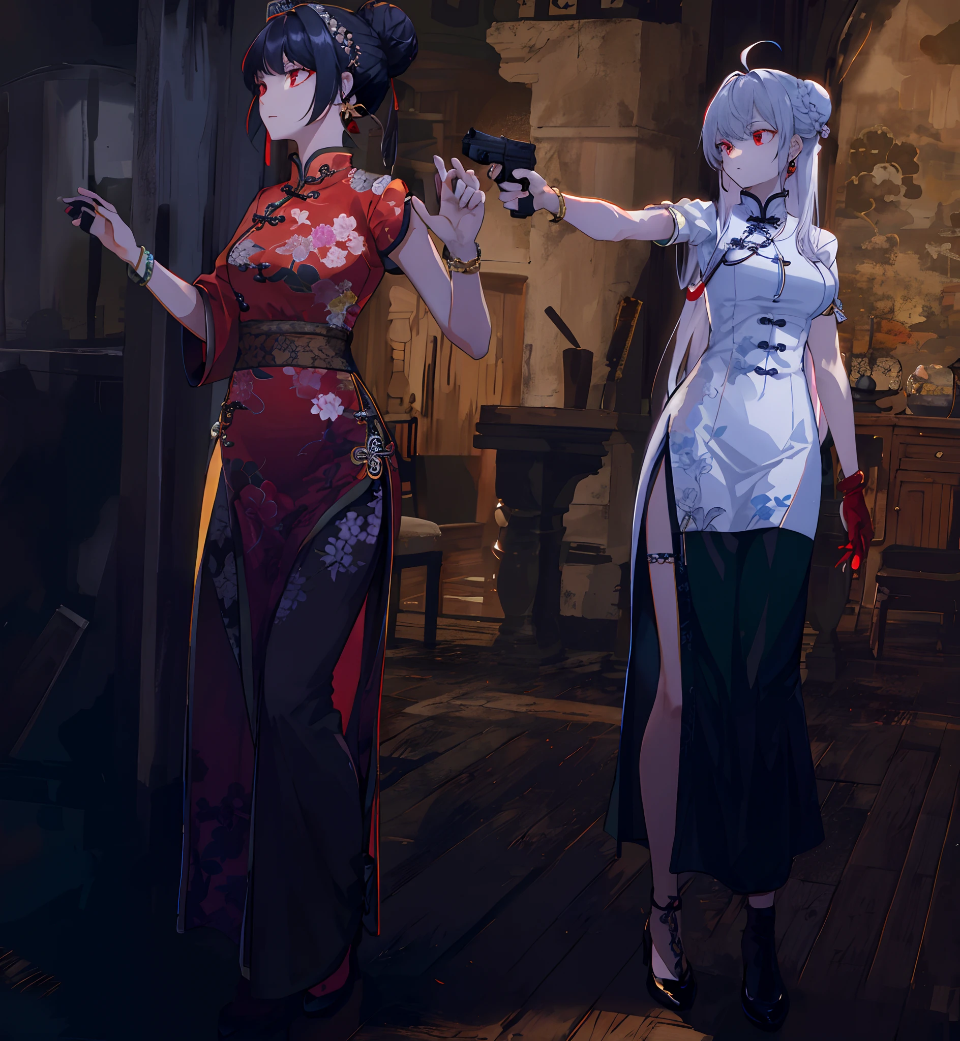 Masterpiece, (best qualtiy), highly detailed, Ultra-detailed, (2girls), ahoge, bangle, (Black hair), Bracelet, Braid, (Breasts), (china dress), (Chinese clothes), dress, (Estampados florales), mitts, Gun, hair-bun, hand gun, Holding, (holding gun), jewelry, (Long hair), Multiple girls, hand gun, (Red eyes), side split, standing, arma, White gloves, arms cuffs