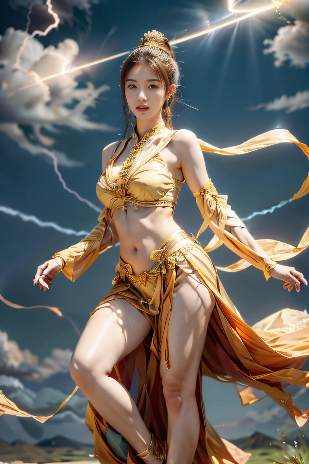 masuter piece,(Best Quality:1.3),超A high resolution,Raw photo,Detailed skin,Beautiful lighting,(Realistic, Photorealsitic:1.4), dunhuang, 1girl in, Full body, Standing, Unevenness of the skin, beautiful expression、A detailed face、perfectly proportions、爆乳、big breasts thin waist、Navel、Crotch gap、thighs thighs thighs thighs、bewitching、Attractive woman, A sexy, dunhuang_Background,(Dynamic Poses:1.2), Vivid costumes、lightning bolt、Thunderbolt、Sateen、wetted skin、