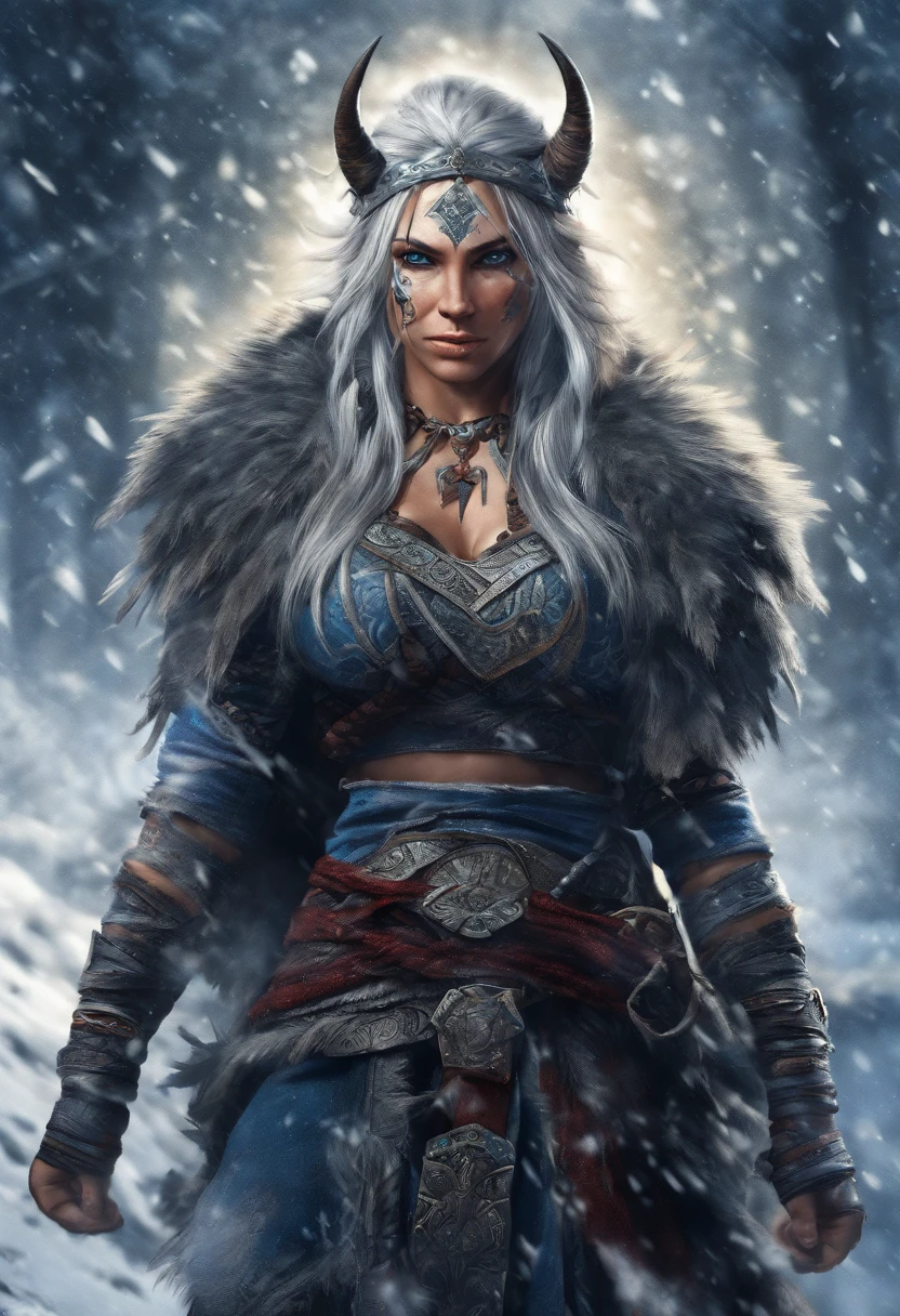 (best quality,4k,8k,highres,masterpiece:1.2),ultra-detailed,(realistic,photorealistic,photo-realistic:1.37),white haired scraggly tattooed female viking shaman,has blue glowing tattoos,illustration,ancient,fierce expression,weathered face,blue war paint,body covered in intricate tattoos,sharp facial features,muscular build,wielding a magical staff,glowing runes,standing in a snowy landscape,snow falling gently from the sky,blizzard in the distance,fur cloak flowing in the wind,determined posture,ice crystals forming on her bare chest,vibrant colors,powerful aura,mythical creatures in the background,capturing a moment of her summoning the forces of nature,exuding strength and wisdom.
