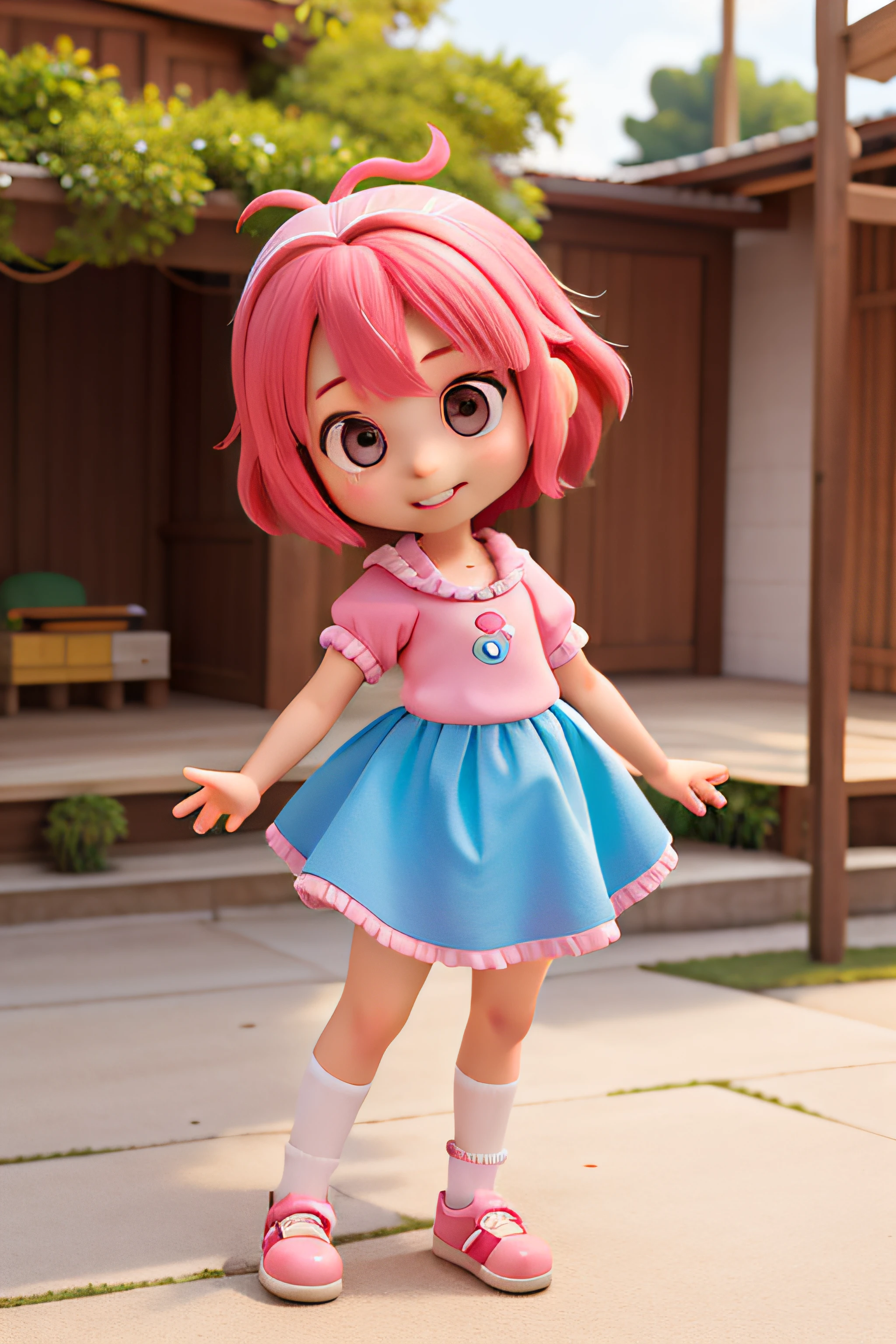 sakura, cartoon, 5 anos aproximadamente, garota pequena, estilo chibi, Olhos grandes, sorriso fofo, cabelo rosa, estilizada, cores vivas, imagem corpo todo, she's in doubt, reflective, when asking questions, sad, reflective, confused.