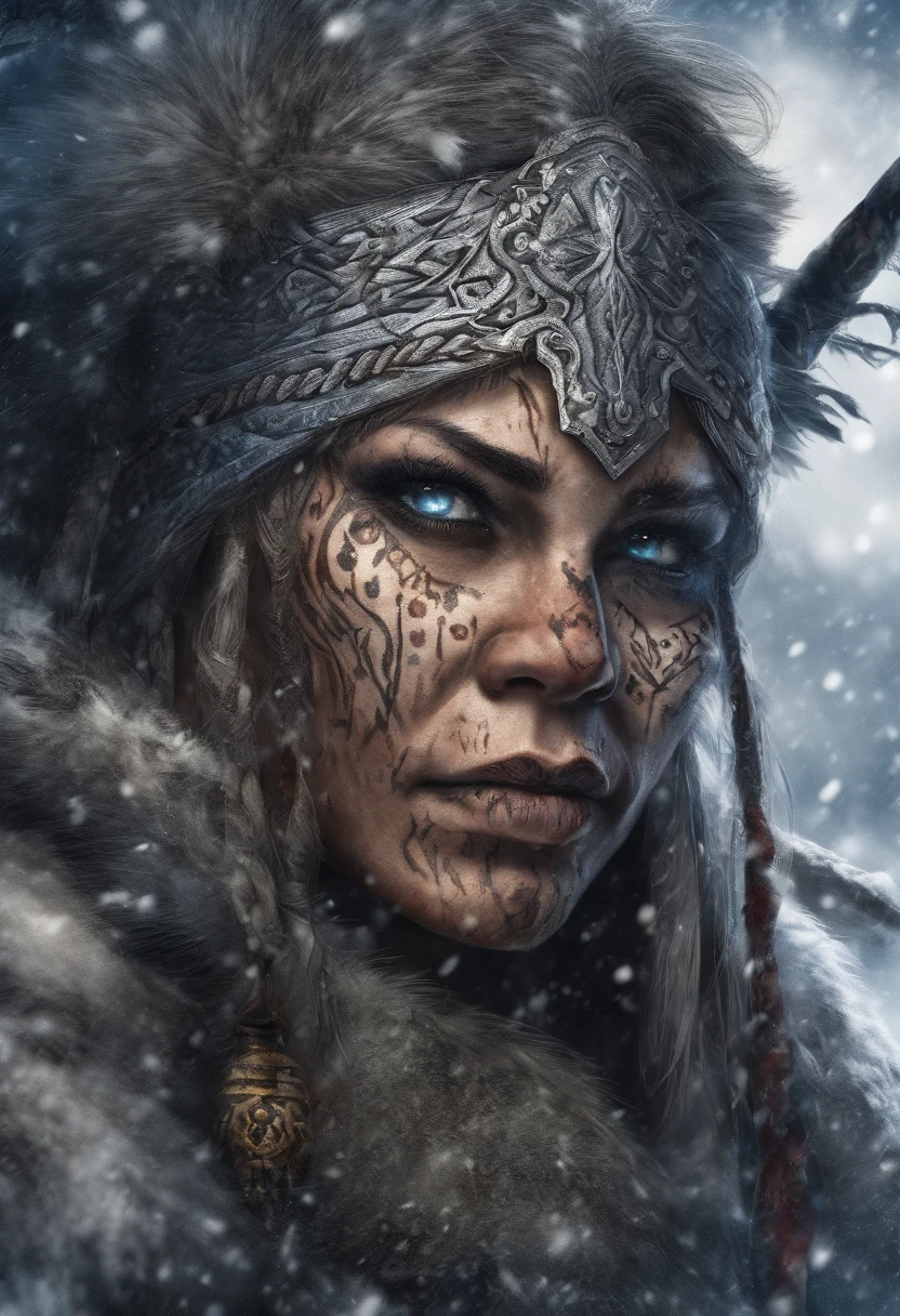 (best quality,4k,8k,highres,masterpiece:1.2),ultra-detailed,(realistic,photorealistic,photo-realistic:1.37),white haired scraggly tattooed female viking shaman,has blue glowing tattoos,illustration,ancient,fierce expression,weathered face,blue war paint,body covered in intricate tattoos,sharp facial features,muscular build,wielding a magical staff,glowing runes,standing in a snowy landscape,snow falling gently from the sky,blizzard in the distance,fur cloak flowing in the wind,determined posture,ice crystals forming on her bare chest,vibrant colors,powerful aura,mythical creatures in the background,capturing a moment of her summoning the forces of nature,exuding strength and wisdom.