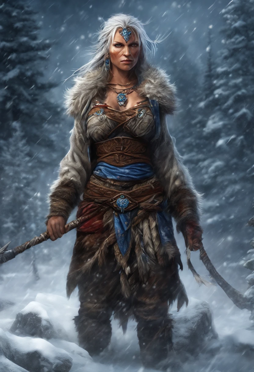 (best quality,4k,8k,highres,masterpiece:1.2),ultra-detailed,(realistic,photorealistic,photo-realistic:1.37),white haired scraggly tattooed female viking shaman,has blue glowing tattoos,illustration,ancient,fierce expression,weathered face,blue war paint,body covered in intricate tattoos,sharp facial features,muscular build,wielding a magical staff,glowing runes,standing in a snowy landscape,snow falling gently from the sky,blizzard in the distance,fur cloak flowing in the wind,determined posture,ice crystals forming on her bare chest,vibrant colors,powerful aura,mythical creatures in the background,capturing a moment of her summoning the forces of nature,exuding strength and wisdom.