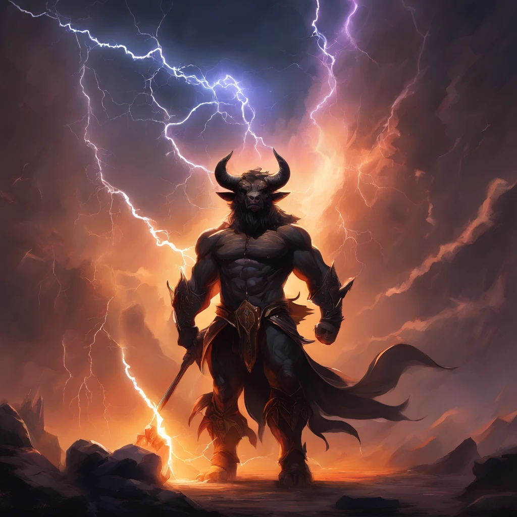 (Black minotaur struck by lightning:1.5)，One with an ax（Minotaur monster：1.8），Standing cow with an axe，Painful expression，(Raise your head to the sky and roar:1.8)，funk，shudder，Gothic，baroque，（The arc was released from the female mage's hand），The current spreads around，Medieval landscape，Fantastical，4K，best qualtiy，primitive，（(Ultra-detailed and high-precision details))，Power Hero & Magic 3，Fantastical，The background is the canyon plain，The scene is impressive