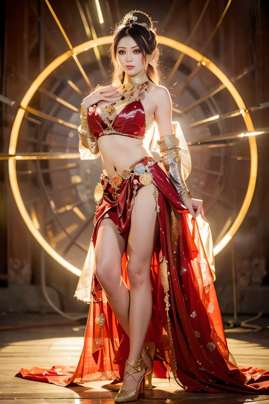 A woman in a red dress poses in front of a large round lamp, Gorgeous Role Play, glamourous cosplay, she is dressed as a belly dancer, a beautiful fantasy empress, elegant glamourous cosplay, ((a beautiful fantasy empress)), [ trending on CGSociety ]!!, ne zha from smite, fantasyoutfit, cinematic goddess body shot, gracefully belly dancing pose