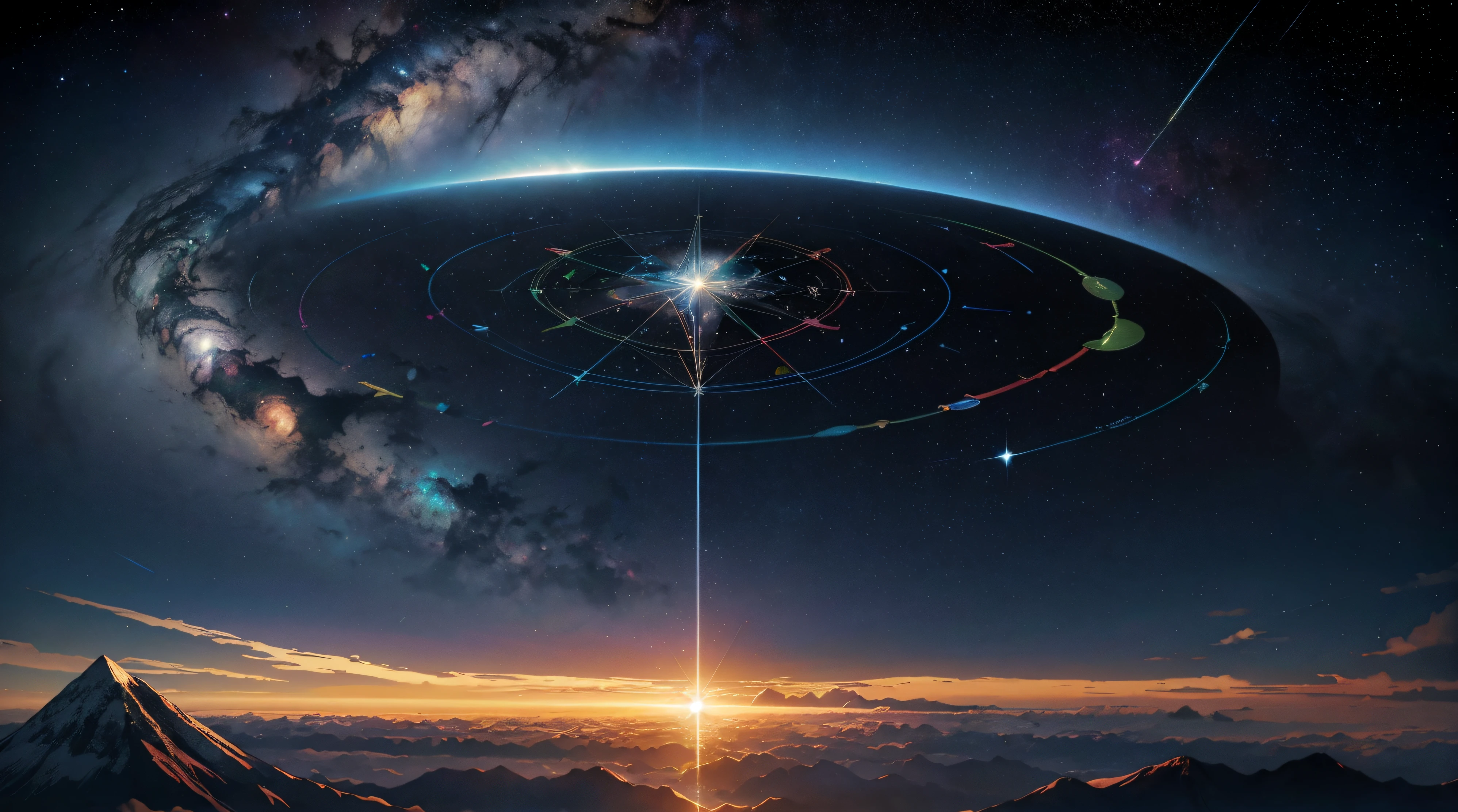 Mount Meru,Hierarchical diagram of multi-layered universes,Detailed chart annotations,Triangle boundary,The dividing line of mysticism,Mountain and planetary hierarchies,Surrounded by stars,Star chart,Very much detail is rich,Complex display charts,Alchemy Universe,Astronomy Teaching Diagram,