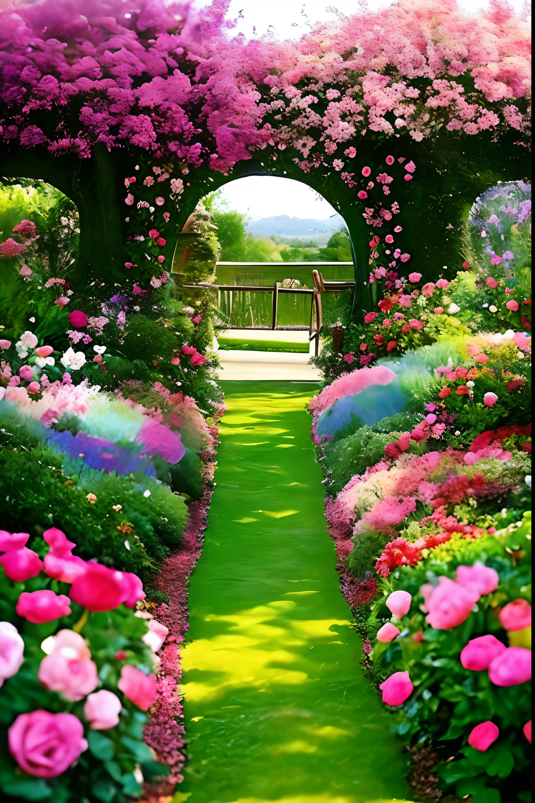 fairy garden, flower gate, rose masterpiece, An enchanting and dreamy of an impossible alien world's forest, which is absolutely blooming with beautiful life forms never before seen.