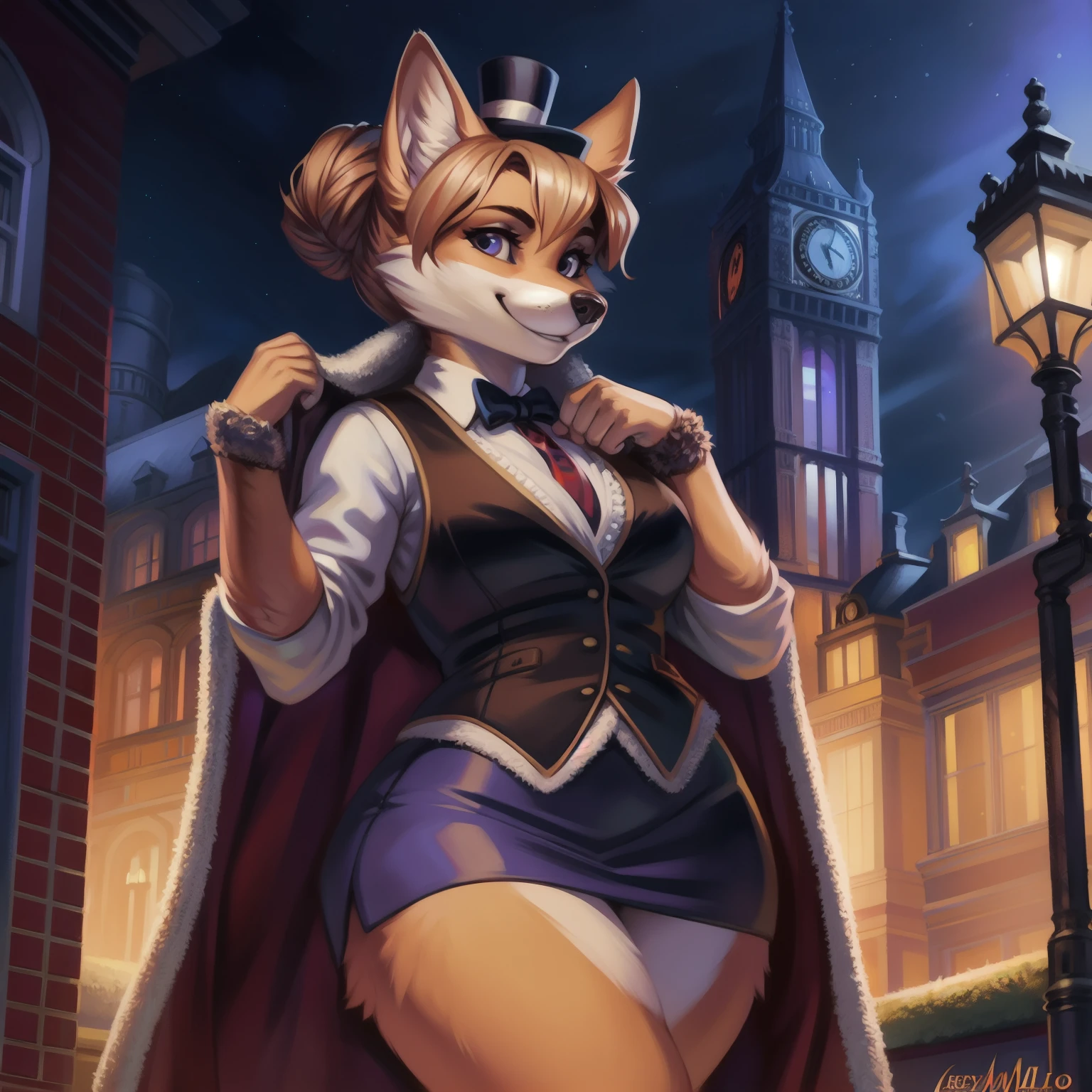 by greasymojo, by levelviolet, by walter_sache, solo, female, vulpine, cream colored fur, (snout, hair, tail), loose bun hair style, hair style, smile, happy smile, lean body, wide hips, thick thighs, top hat, victorian vest, victorian coat, tailcoat, skirt, victorian London, night, ambient lighting.