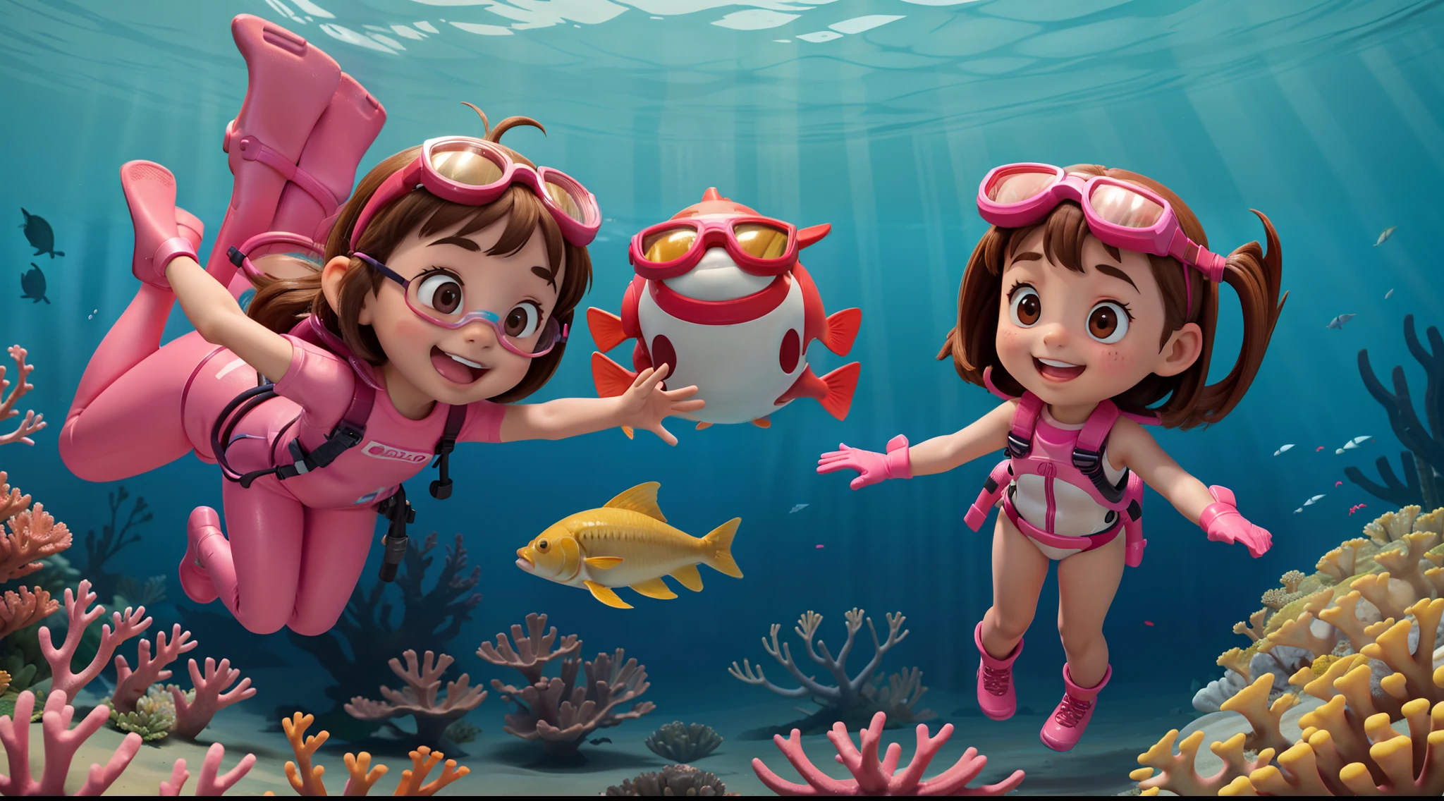 Frontal image of a 5-year-old girl standing, happy, with brown hair, brown eyes, rosy cheeks, arms spread apart, legs apart, wearing diving goggles, pink diving suits, diving gloves, and diving shoes, underwater among corals and fish, in the style of a children's book illustration.