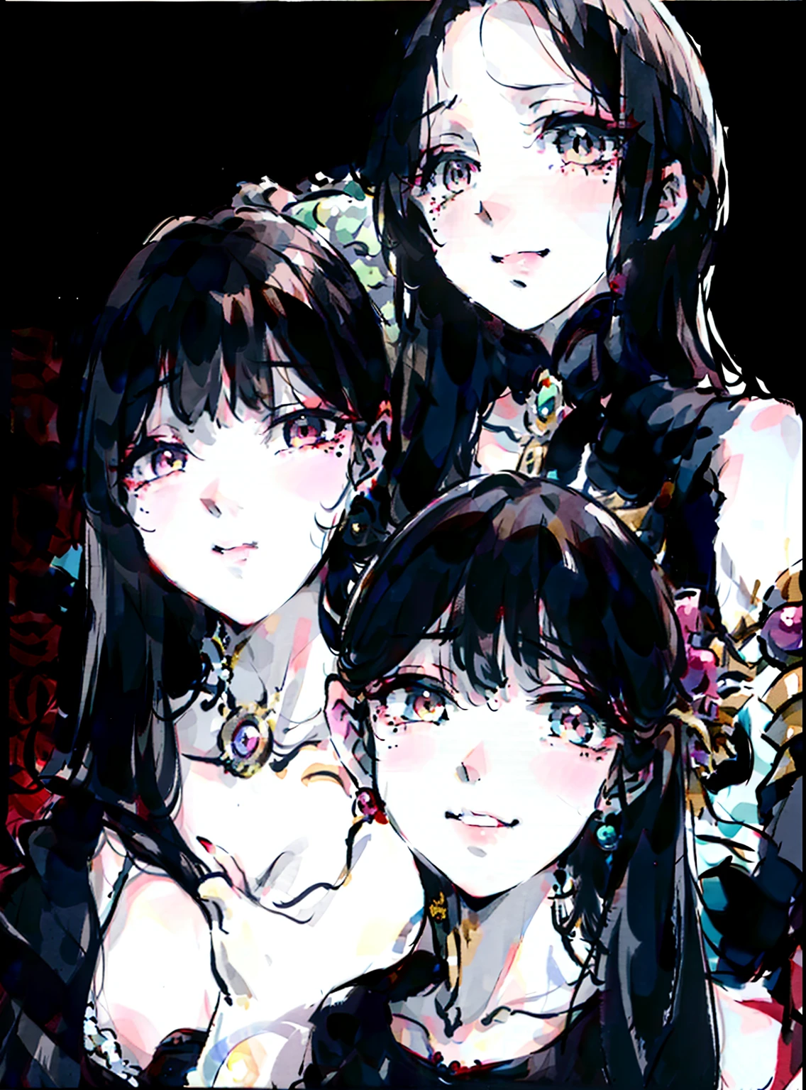 there are two women that are posing for a picture together, perfume, 3 sisters look into the mirror, beauty campaign, black hime-cut hair, close - up studio photo, sui ishida with black hair, A dark-haired, Portrait C 1 2. 0, Portrait C 12.0, album covers, hime-cut, official artwork, closeup portrait shot