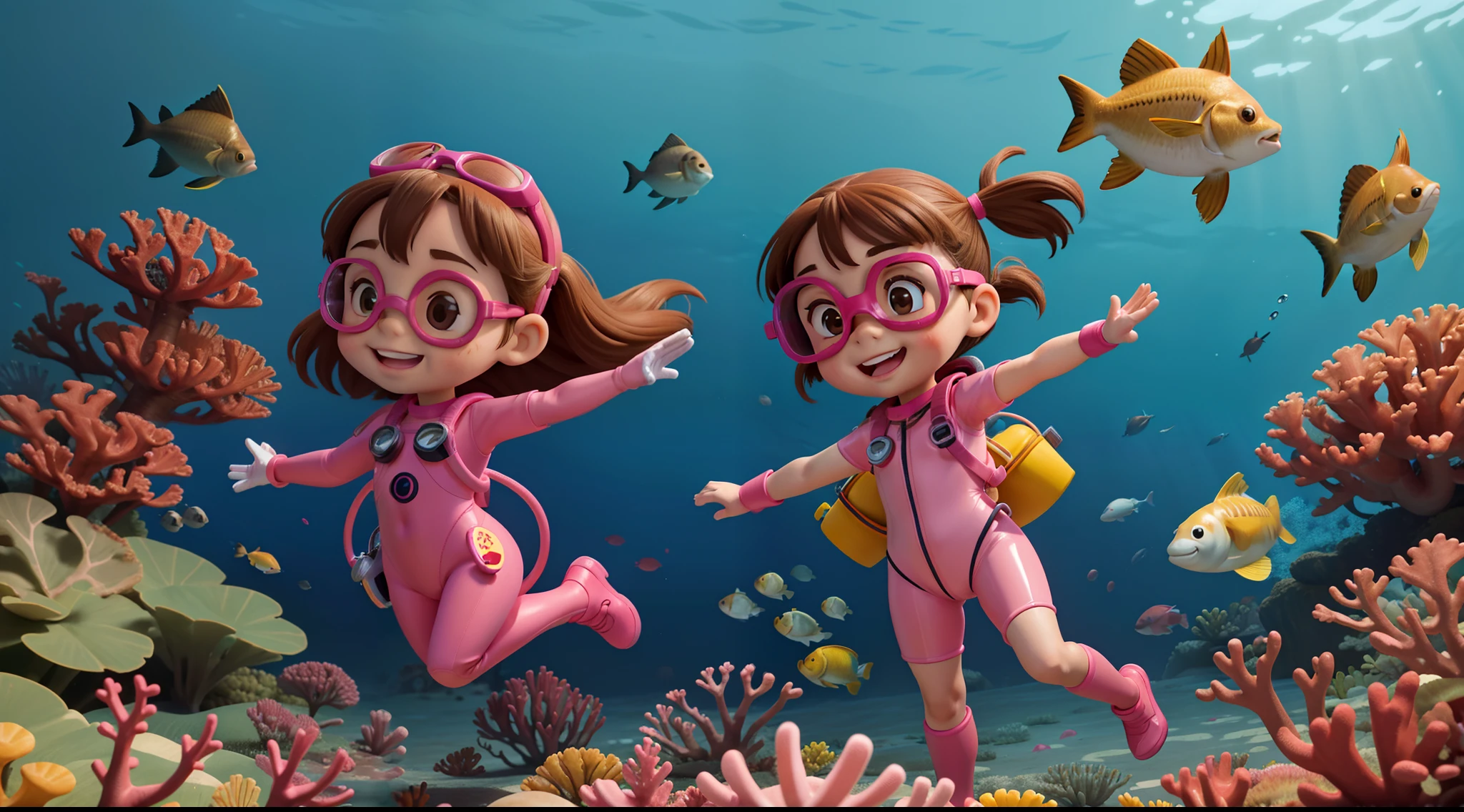 Frontal image of a 5-year-old girl standing, happy, with brown hair, brown eyes, rosy cheeks, arms spread apart, legs apart, wearing diving goggles, pink diving suits, diving gloves, and diving shoes, underwater among corals and fish, in the style of a children's book illustration.