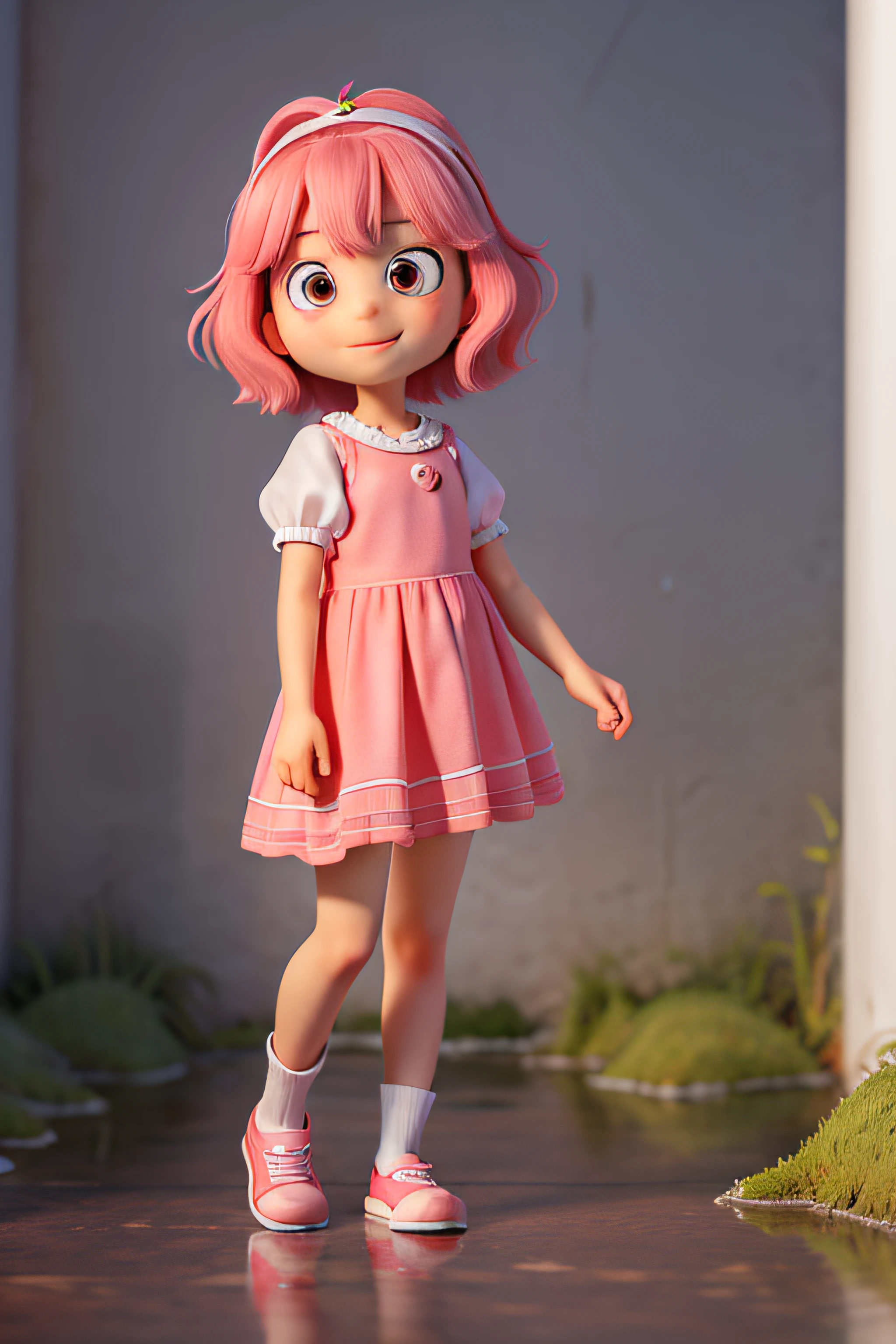 sakura, cartoon, 5 anos aproximadamente, garota pequena, estilo chibi, Olhos grandes, sorriso fofo, cabelo rosa, estilizada, cores vivas, imagem corpo todo, she's in doubt, reflective, when asking questions, sad, reflective, confused, esperando resposta, esperando alguem responder, with a lot of doubt, scratching head.