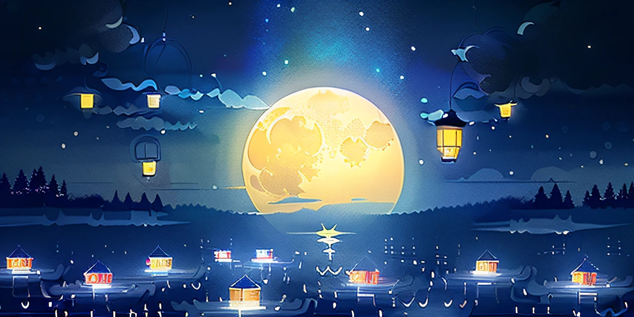 There are many lanterns floating over the lake, float under moon light at night, calm evening. Digital illustration, moonlit night dreamy atmosphere, Floating lanterns, illustration!, background artwork, Moonlight background, wallpaper - 1 0 2 4, Numbers washes, moonlit backdrop, illustration », arte de fundo, moon light fish eye illustrator