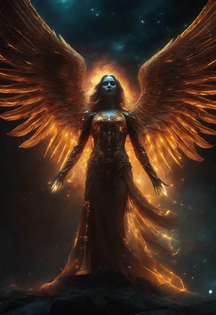 Cosmic Fallen Angel, glowing light eyes, Biomechanical, eerie, Creepy, nightmarish, Very bright colors, Light particles, with light glowing, Mshiff, wallpaper art, UHD wallpaper