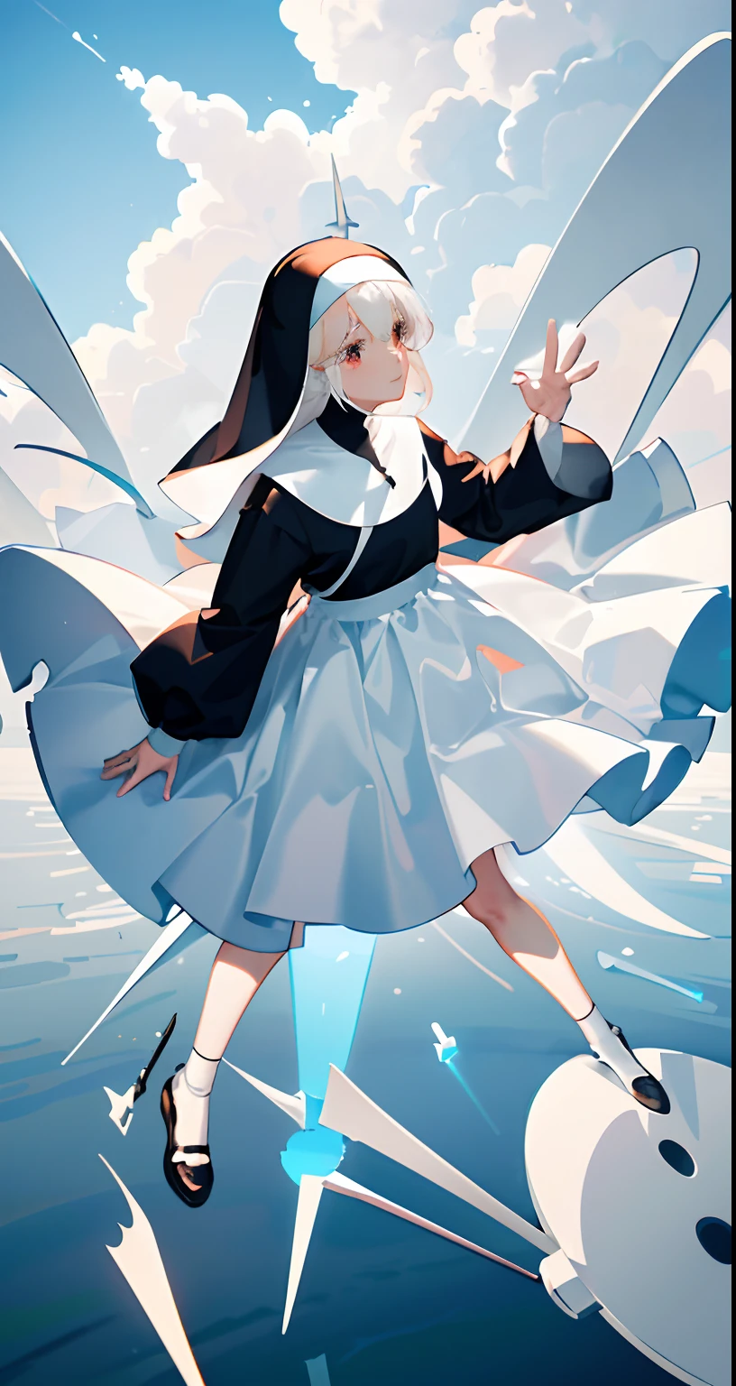 full bodyesbian,Masterpiece, Best quality, Black and white nun dress,DOA,cinematic Film still from, 1girll, Floating in the sky, Cloud Girl, Cloud, (Close-up:1.1), Bright, cheerfulness, fun, Soft lighting, (bauhause, shape, Lines, abstracted:1.1)