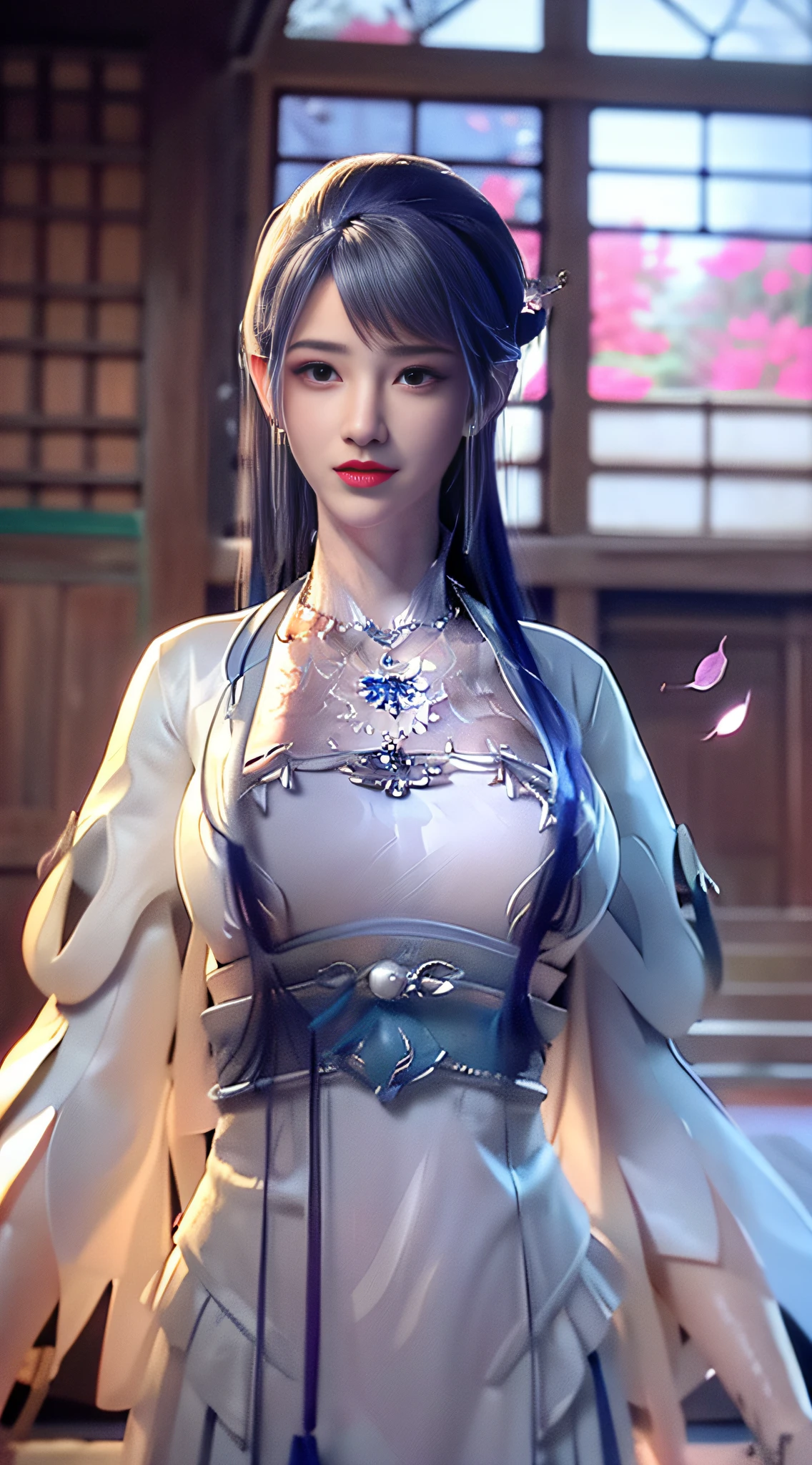 masterpiece, best quality, 8k, insane details, intricate details, hyperdetailed, hyper quality, high detail, ultra detailed, Masterpiece,
solo focus, 1girlsololooking at viewerred lipsclosed mouth(forehead mark:1.2)medium breasts (Milky skin, shiny skin:1.3)(upper body:1.0),
(chinese clothes:1.3), dressblue dressclothing cutoutlong sleeves(tassel earringshair ornamentnecklace:1.2), updohair bunbare shoulders, detached sleeves,
architecture, indoorseast asian architecturepetals, falling petals, lantern,