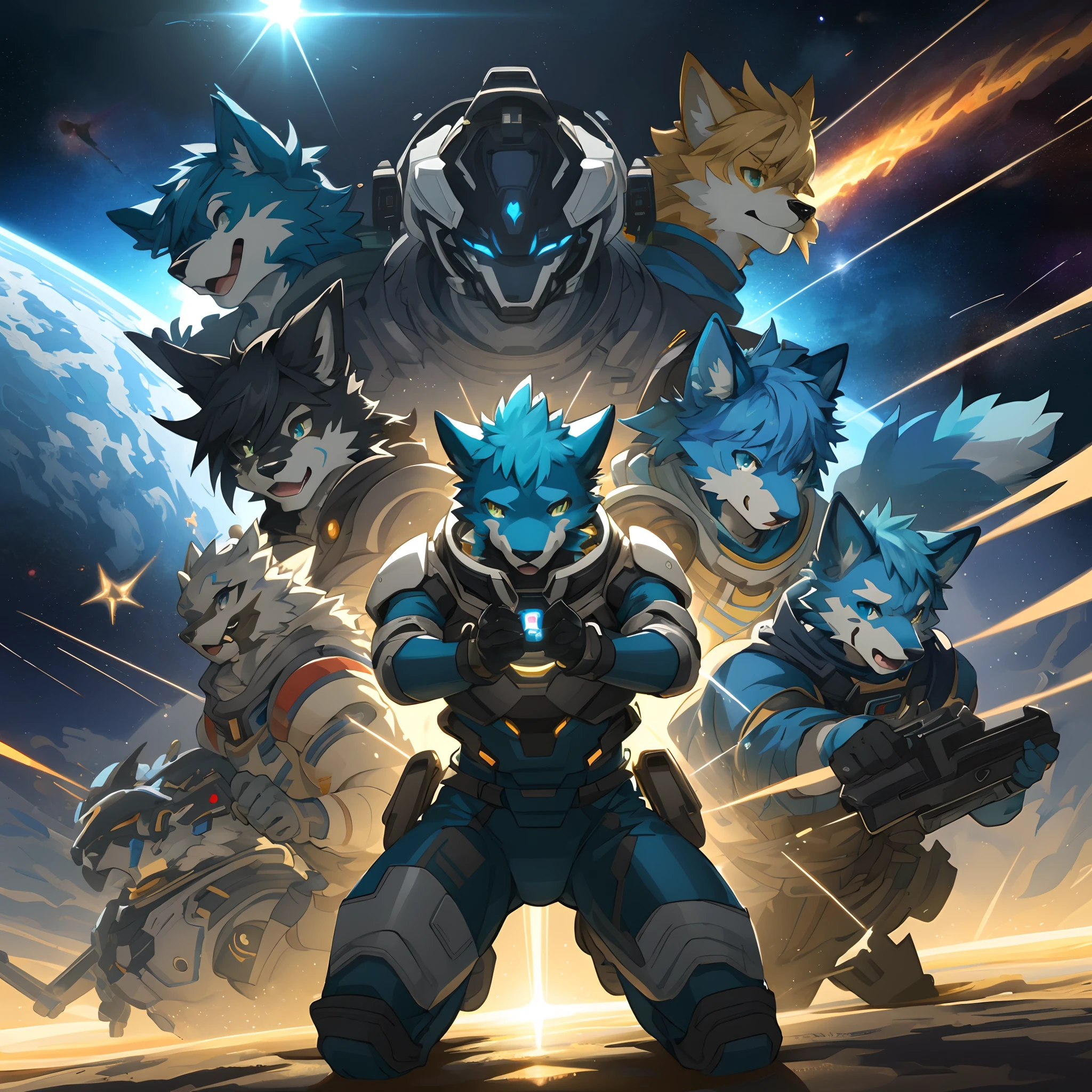highres, top quality, best quality, paid reward available, High-quality illustrations, unparalleled masterpiece(battle movie of space ship interior)STAR Ocean, Cosmic suit, 6+boys, 6+girls(furry anthro:1.7)absurdres(highly detailed beautiful face and eyes)perfect anatomy, expression, caustics, dynamic lighting, lens flare, deep shadow, assorted poses, dynamic angle,