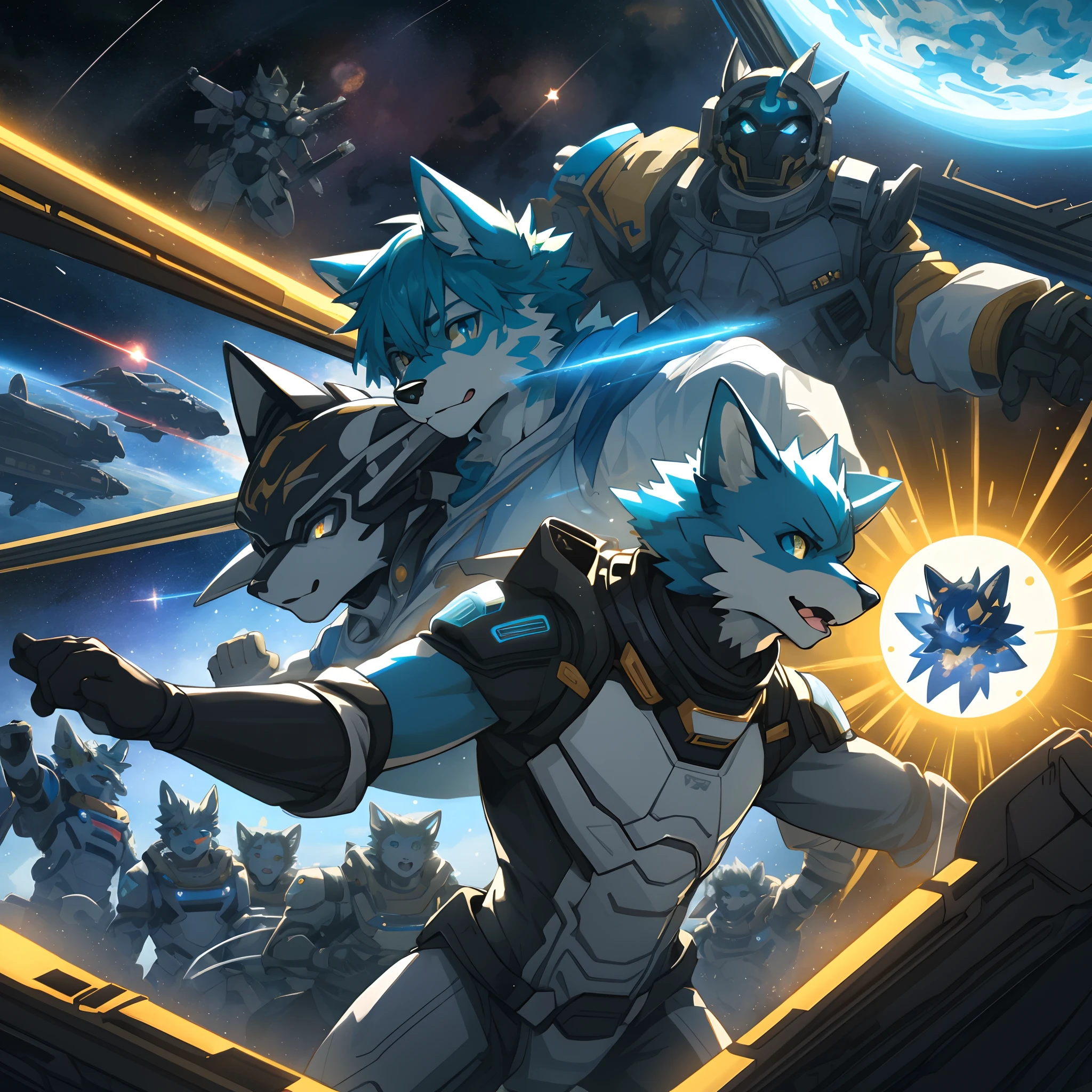 highres, top quality, best quality, paid reward available, High-quality illustrations, unparalleled masterpiece(battle movie of space ship interior)STAR Ocean, Cosmic suit, 6+boys, 6+girls(furry anthro:1.7)absurdres(highly detailed beautiful face and eyes)perfect anatomy, expression, caustics, dynamic lighting, lens flare, deep shadow, assorted poses, dynamic angle,