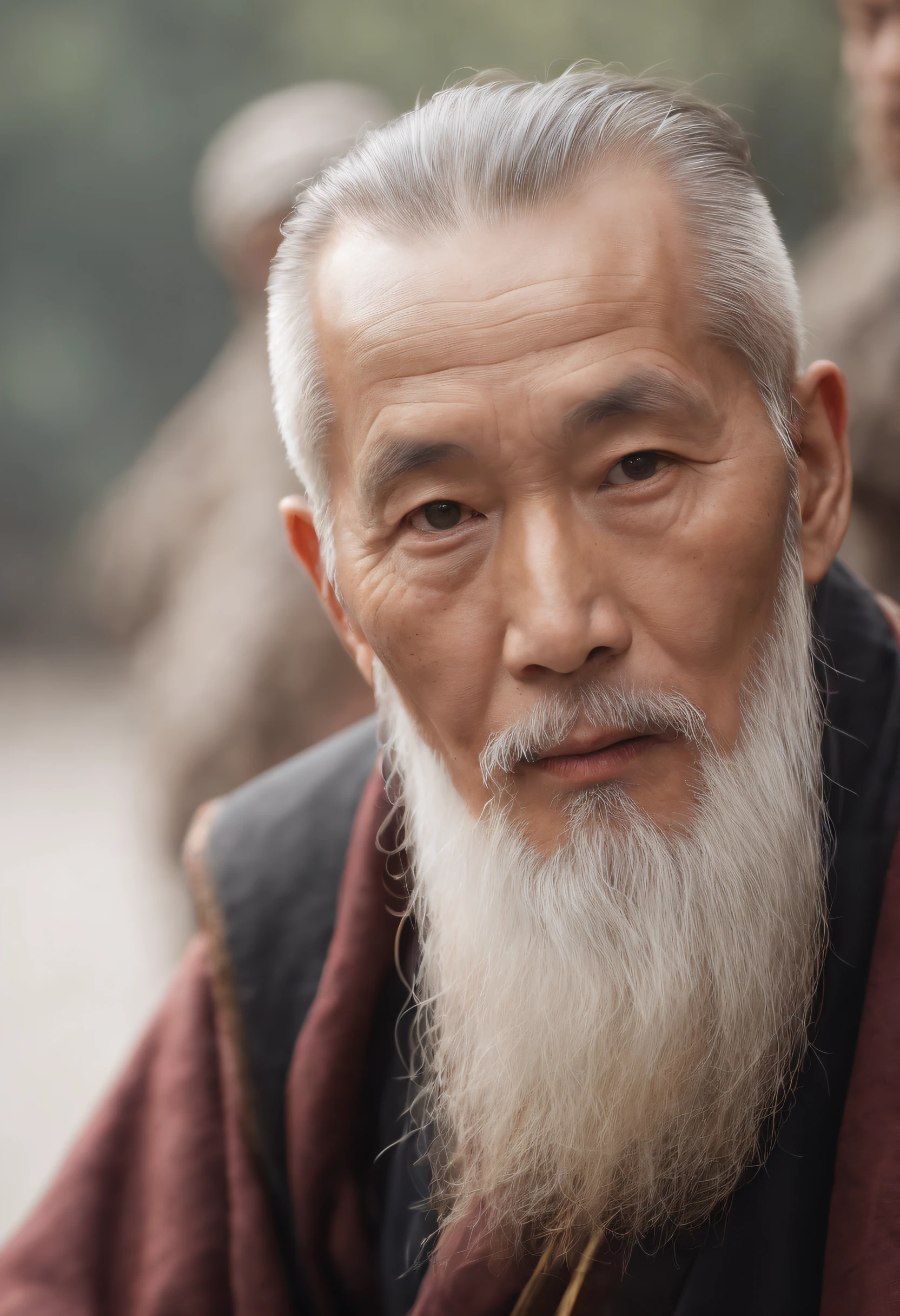 A close-up of an old man with a long beard and a white beard, Taoist,There is a bun on the top of the head，Use mahogany hairpins，Monge costumes，full bodyesbian，inspired by Wu Daozi, Portrait of a monk, Taoist master, portrait photo of an old man, inspired by Hu Zaobin, inspired by Hu Zao, Long white beard, inspired by Li Cheng,high-definition picture quality
