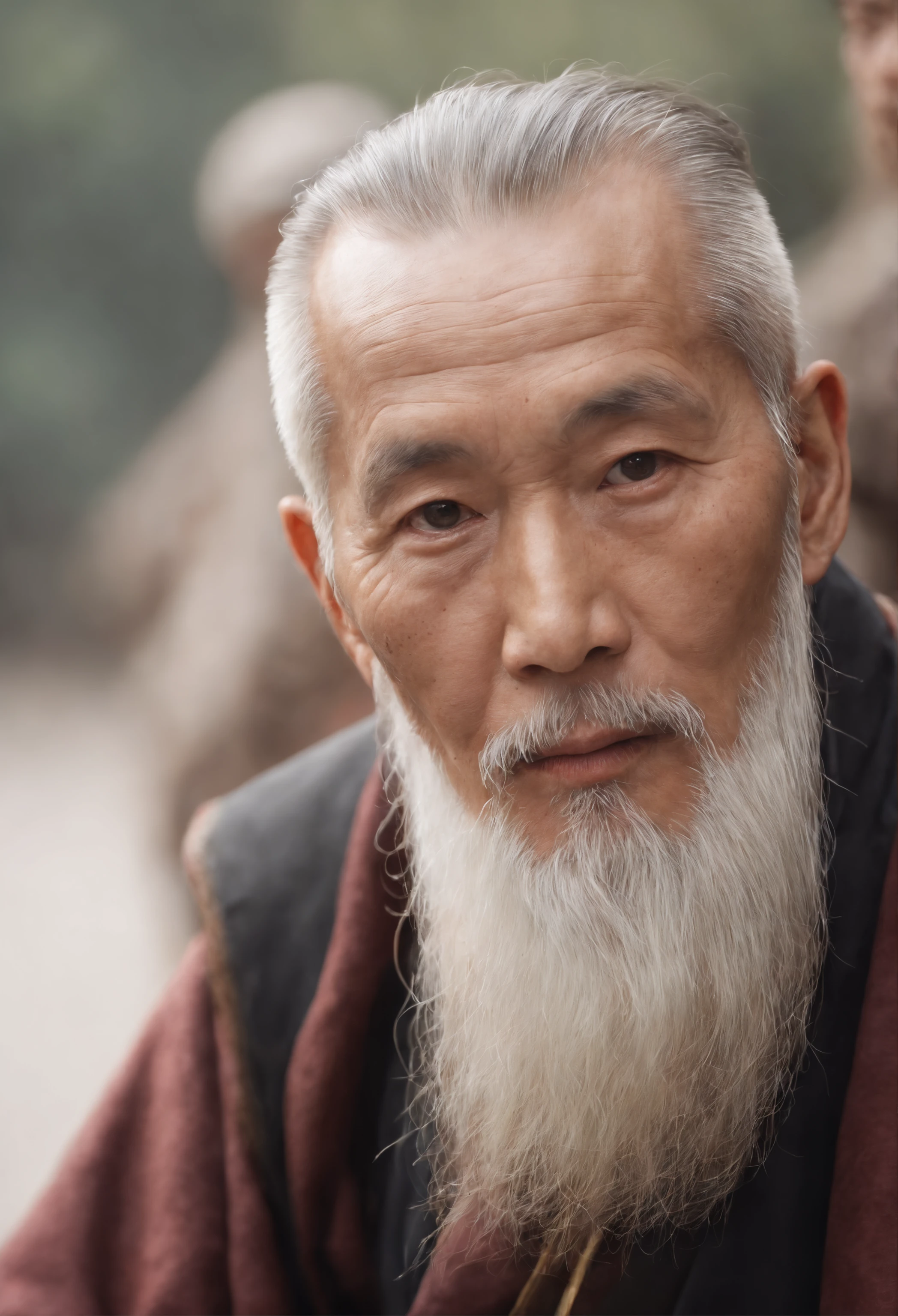 A close-up of an old man with a long beard and a white beard, Taoist,There is a bun on the top of the head，Use mahogany hairpins，Monge costumes，full bodyesbian，inspired by Wu Daozi, Portrait of a monk, Taoist master, portrait photo of an old man, inspired by Hu Zaobin, inspired by Hu Zao, Long white beard, inspired by Li Cheng,high-definition picture quality