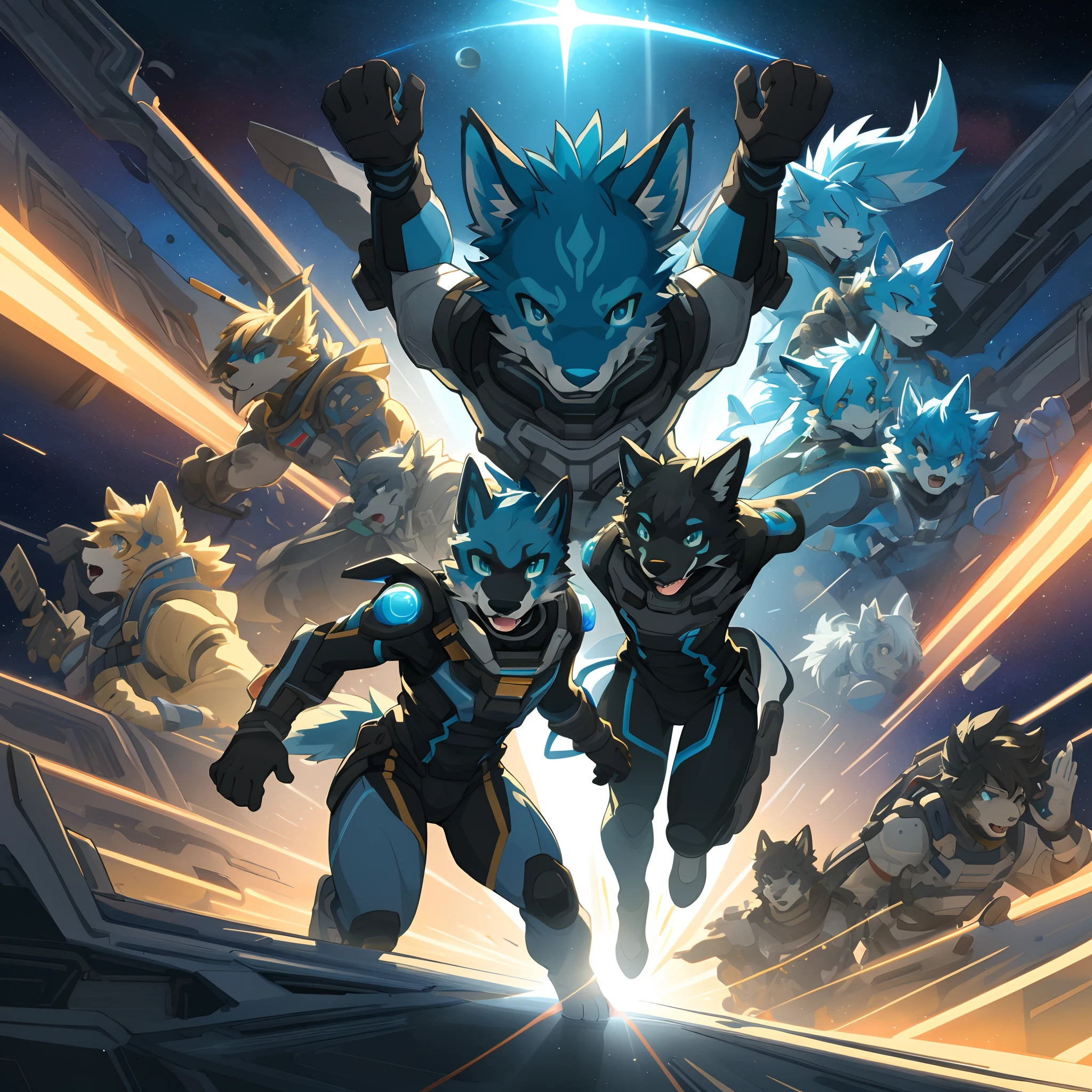 highres, top quality, best quality, paid reward available, High-quality illustrations, unparalleled masterpiece(battle movie of space ship interior)STAR Ocean, Cosmic suit, 6+boys, 6+girls(furry anthro:1.7)absurdres(highly detailed beautiful face and eyes)perfect anatomy, expression, caustics, dynamic lighting, lens flare, deep shadow, assorted poses, dynamic angle,