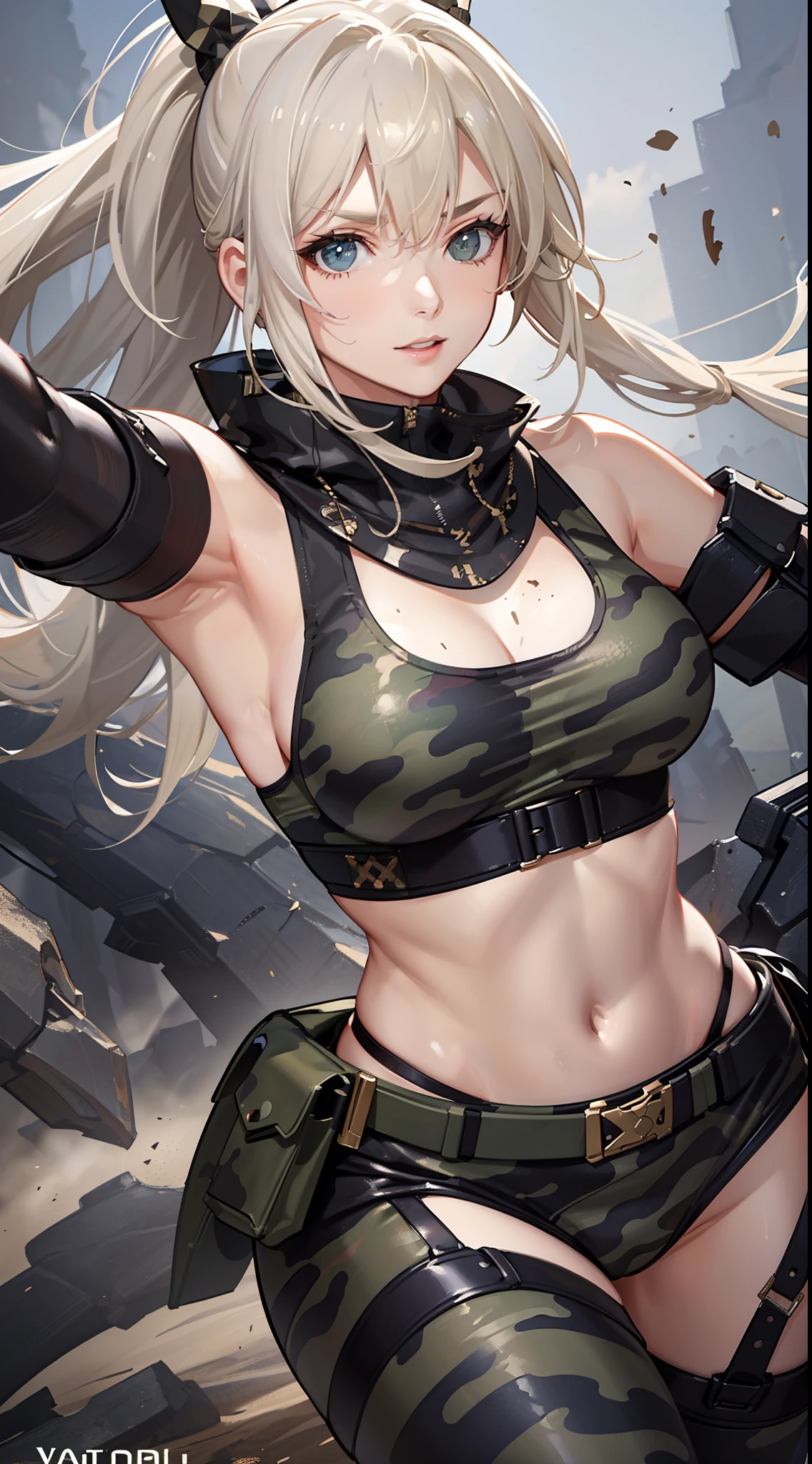 ((Finest quality)),(超A high resolution),(ultra-detailliert),sharpnes,Clair,Art with astounding depictions,Dynamic poses where the whole body is visible, ((1 Female Combat,flaxen ponytail),Camouflage pattern tank top,perspiring,Body dirty with mud)