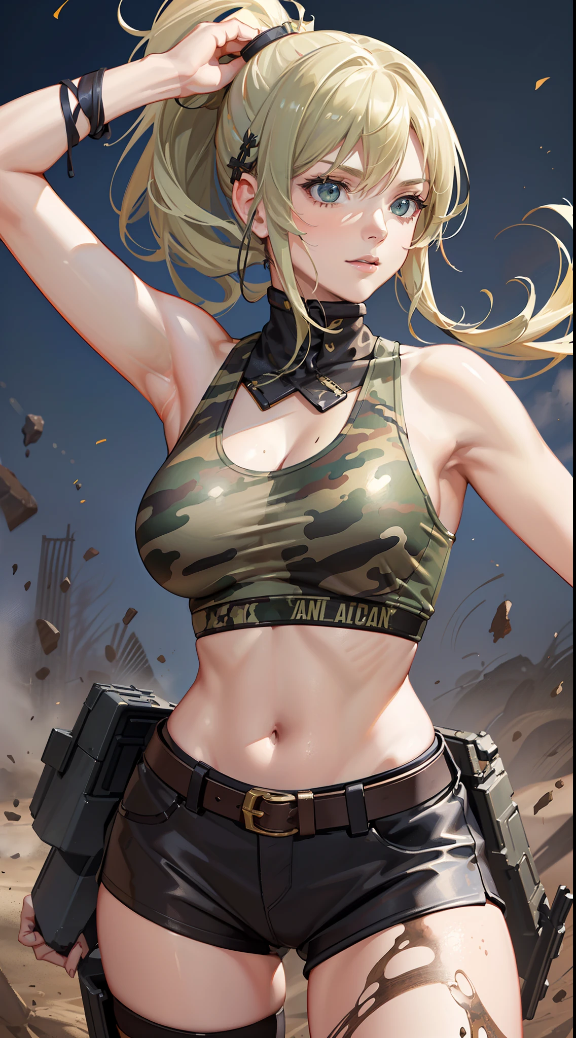 ((Finest quality)),(超A high resolution),(ultra-detailliert),sharpnes,Clair,Art with astounding depictions,Dynamic poses where the whole body is visible, ((1 Female Combat,flaxen ponytail),Camouflage pattern tank top,perspiring,Body dirty with mud)