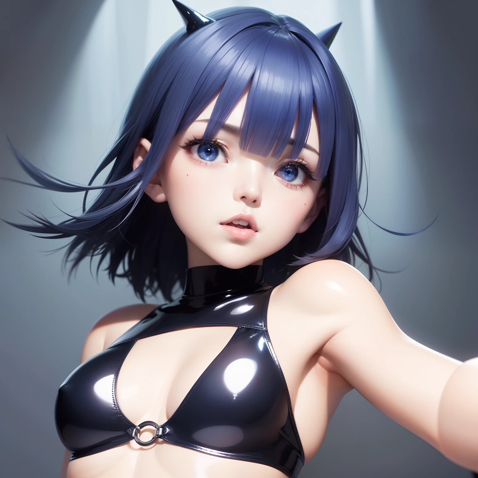 solo, super high image, super detail, super high resolution, latex body suit, perfect beautiful female, round face and eyes, droopy eyes, double eyelids, blue sparkling big eyes, glossy short hair, red alluring moist big thick lips, amorous expression, lewd expression, ahegao, orgasm, flat chest, abs, slender, on the bed, professional lighting